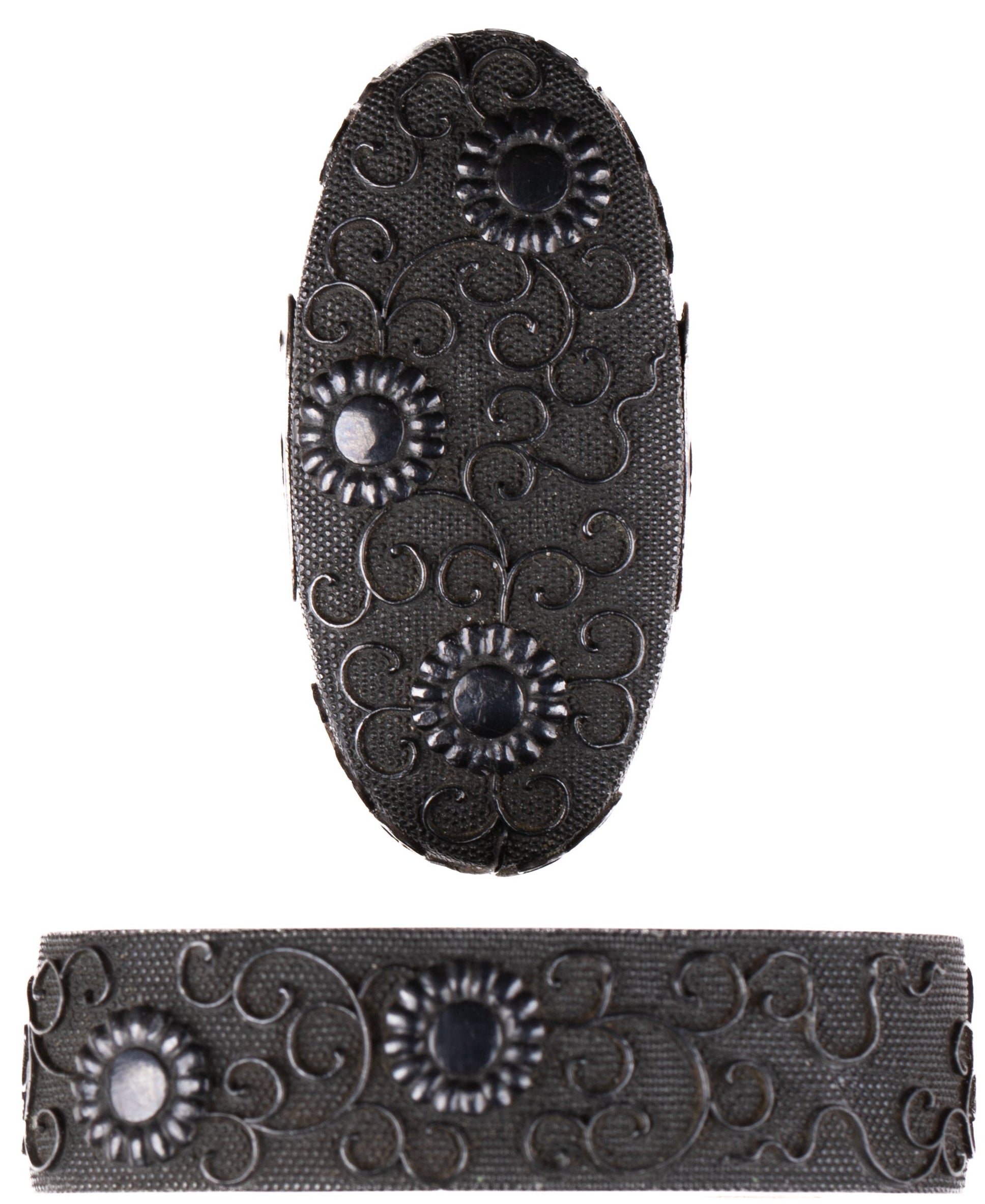 Fuchi-Kashira - Hozon - 赤銅魚子地 菊唐草図 尾張金工 縁頭(保存刀装具鑑定書付)