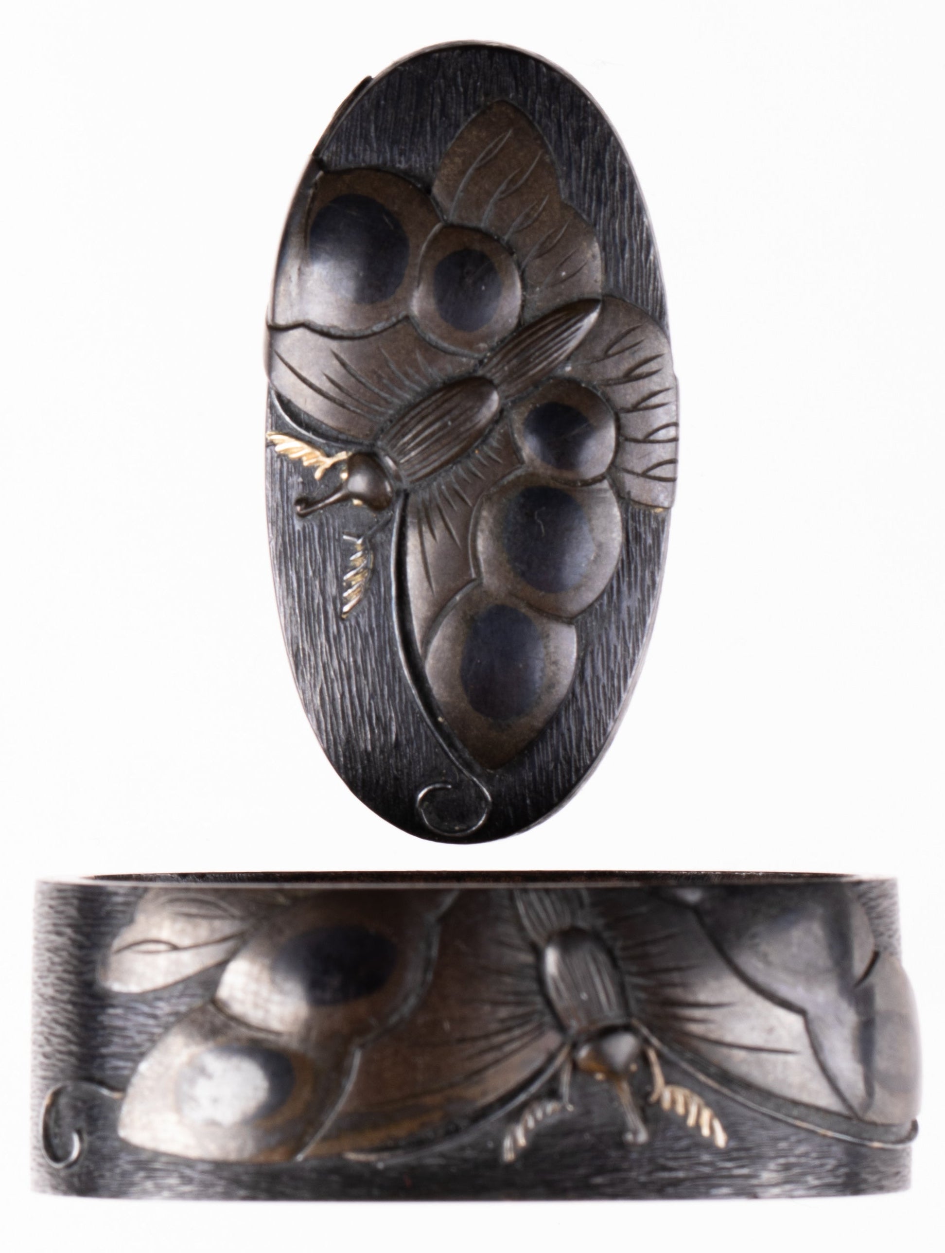 Fuchi-Kashira - by Murakami Jochiku - Murakami School Shakudo Fuchikashira "Moth"
