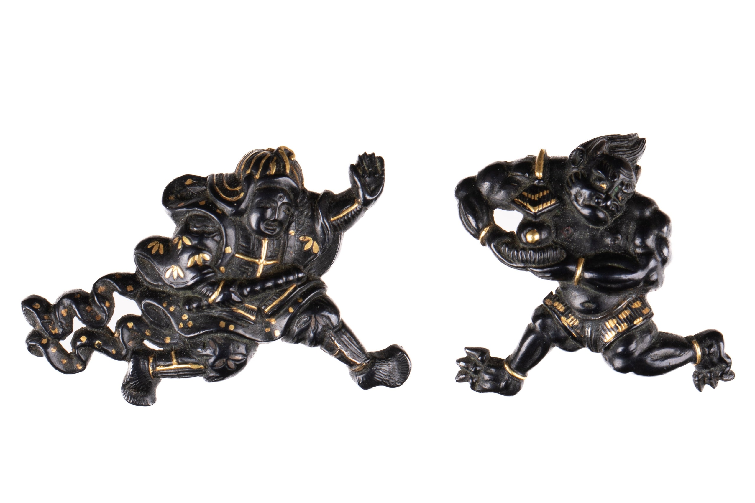 Shakudo menuki attributed to Ko-Kinko tradition with NBTHK Hozon Tosogu. Idaten and Demon