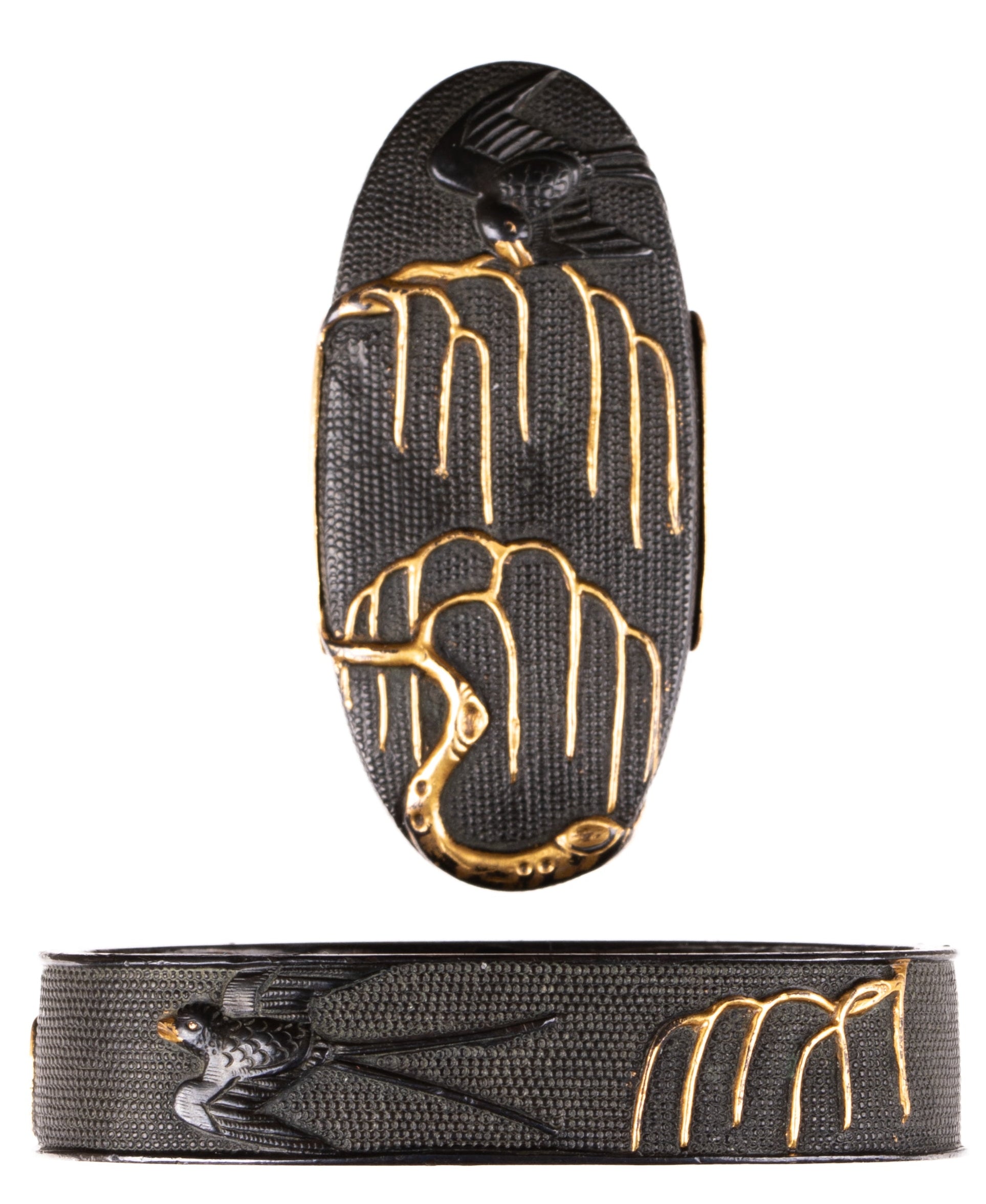 Tosogu - Shakudo nanako fuchi-kashira with swallows and willows