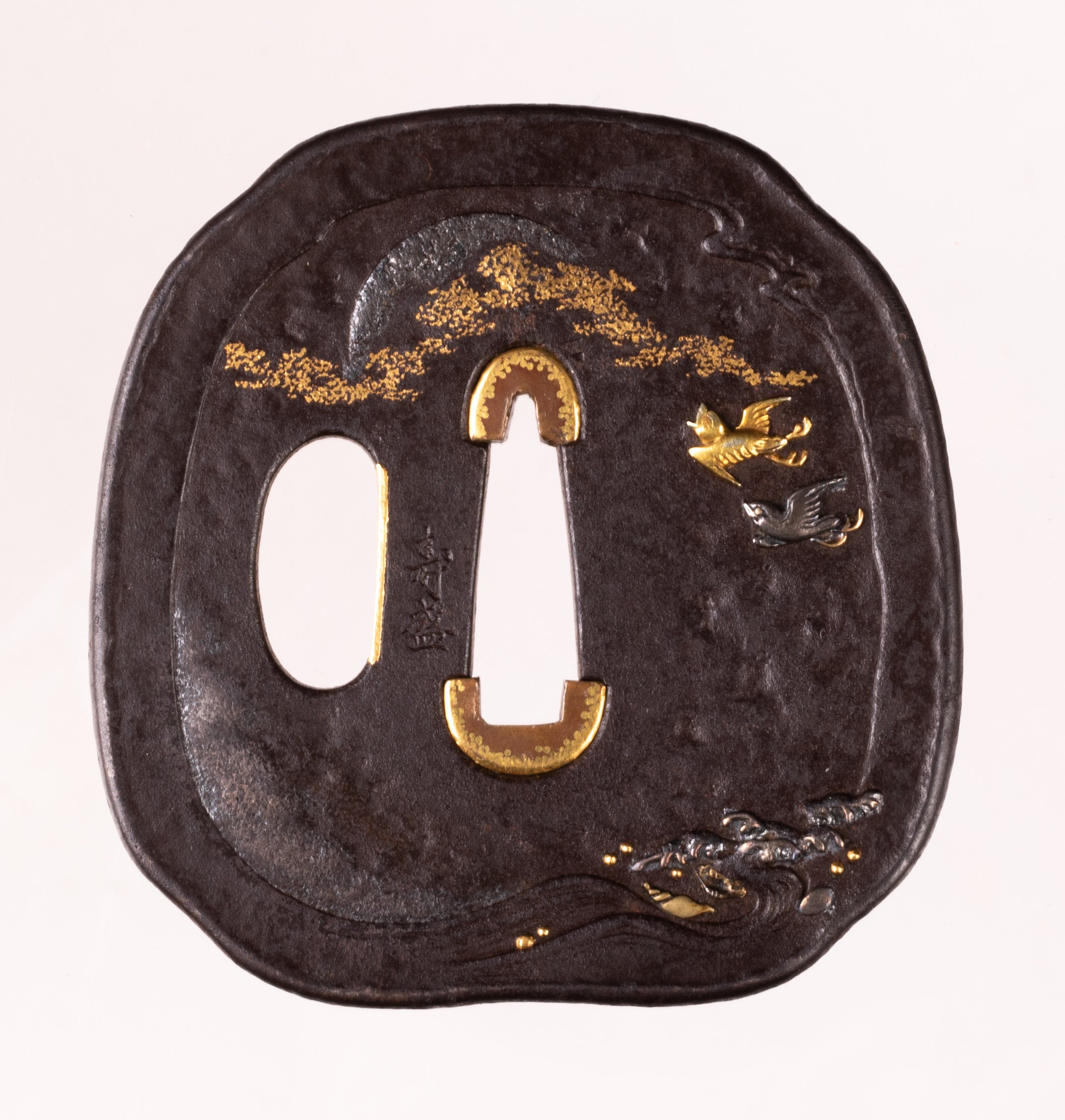 Iron Toryusai School tsuba signed "Toshimori" with NBTHK Hozon Tosogu