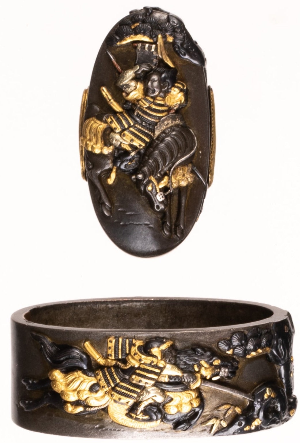 Shibuichi Fuchikashira signed "Torinsai Katsutoshi" with NBTHK Hozon Tosogu Fighting Samurai