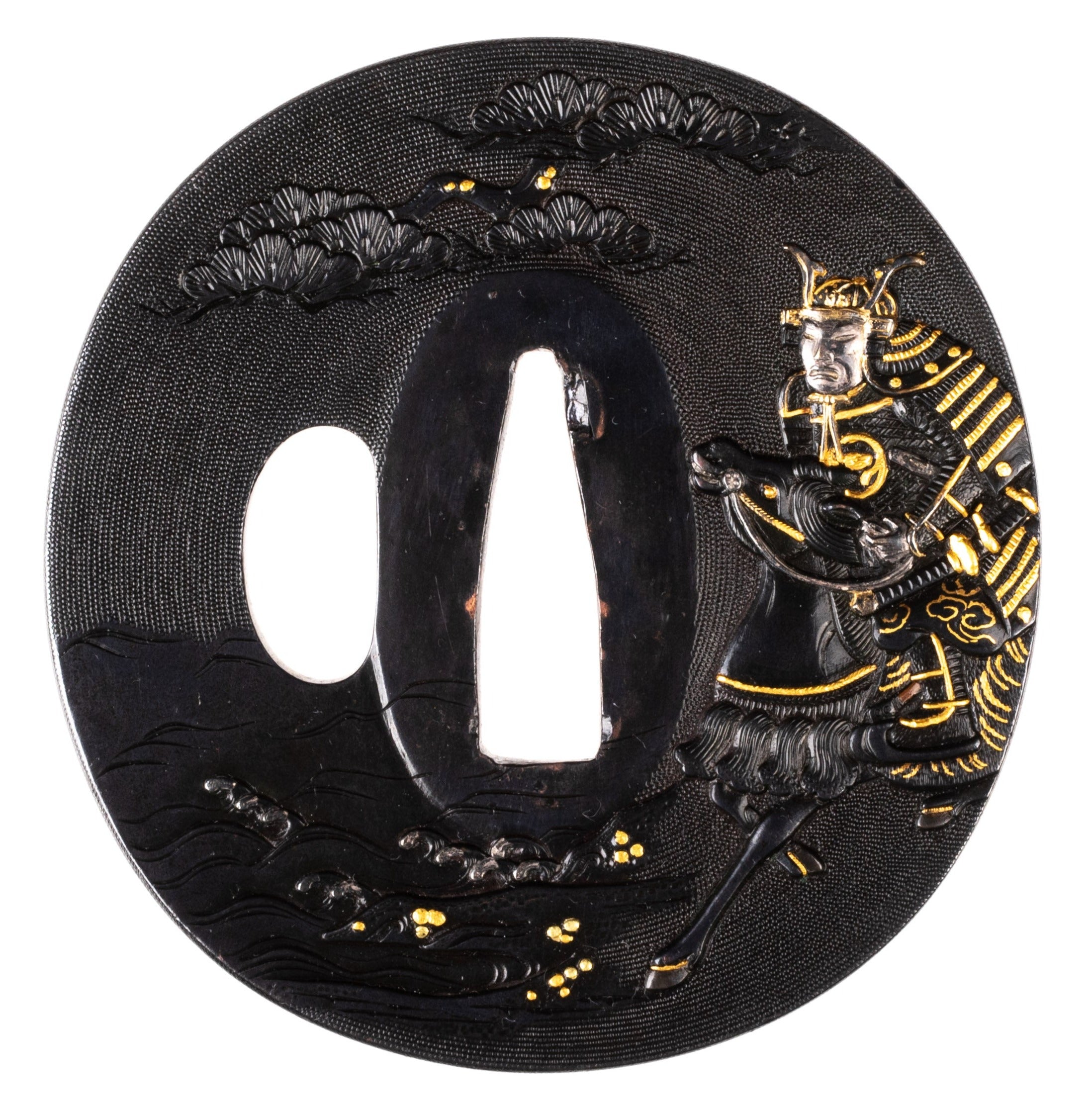 Shakudo tsuba signed "Tsuneshige" Minamoto Yoshitsune at Mure Takamatsu