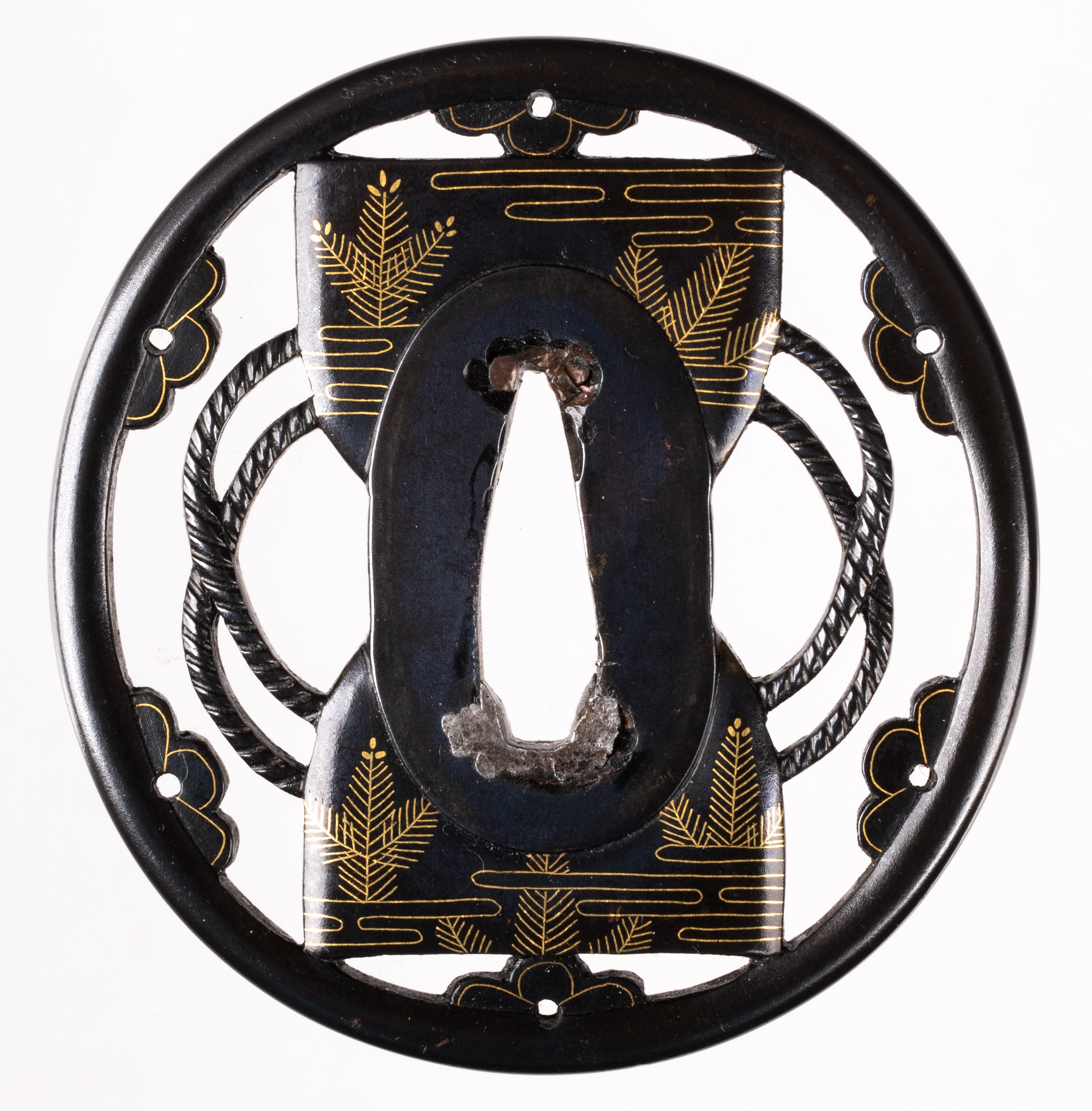 Shakudo migaki ground tsuba decorated with tsudzumi