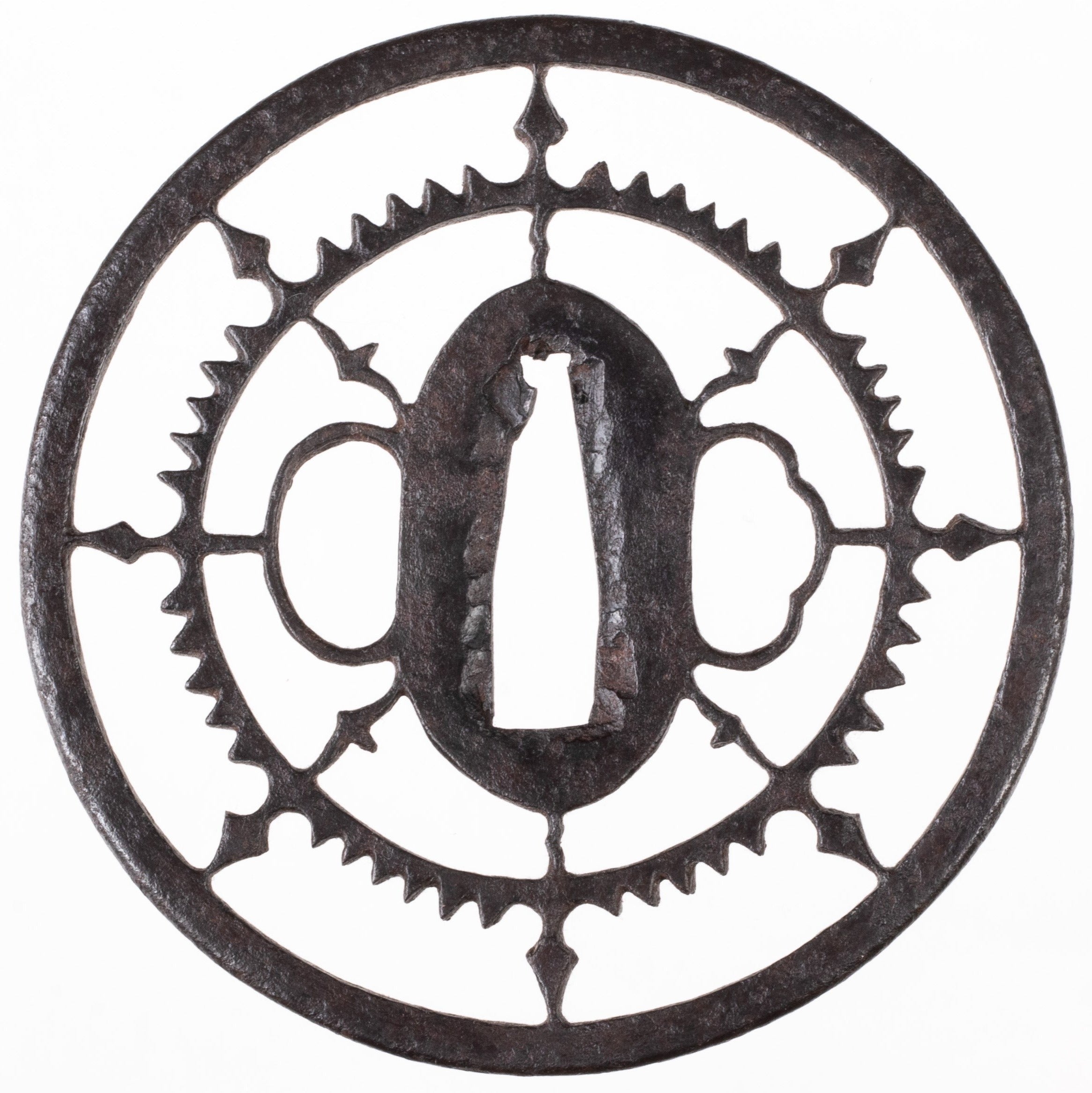 Iron Ko-Shoami School Tsuba Decorated with Rinpo (Dharma Wheel) and Wild Geese Sukashi - NBTHK Hozon Tosogu