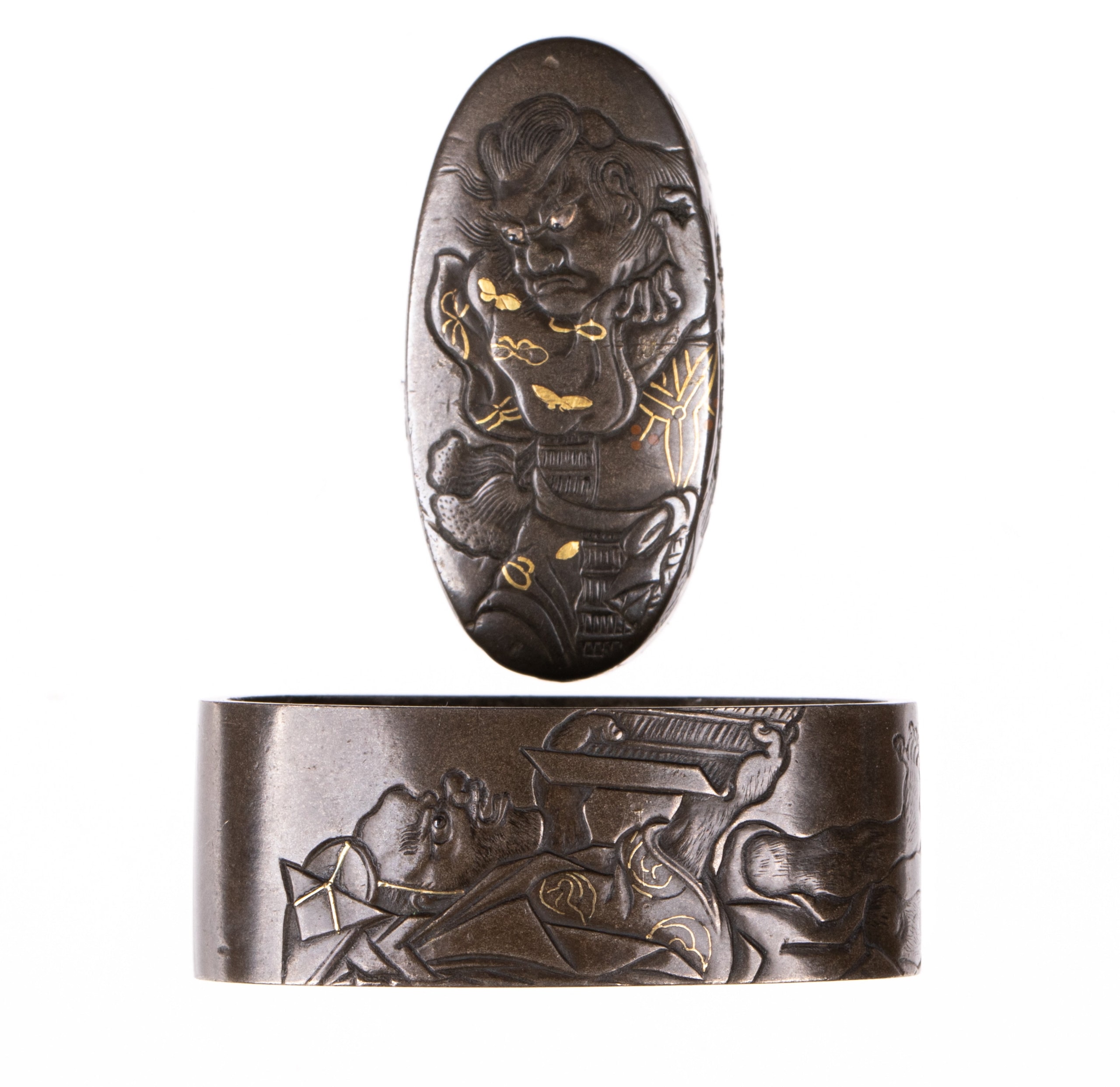 Fuchi-Kashira - by Nara School - Shibuichi Fuchi Kashira with Kusazuri Biki Scene from Soga Monogatari