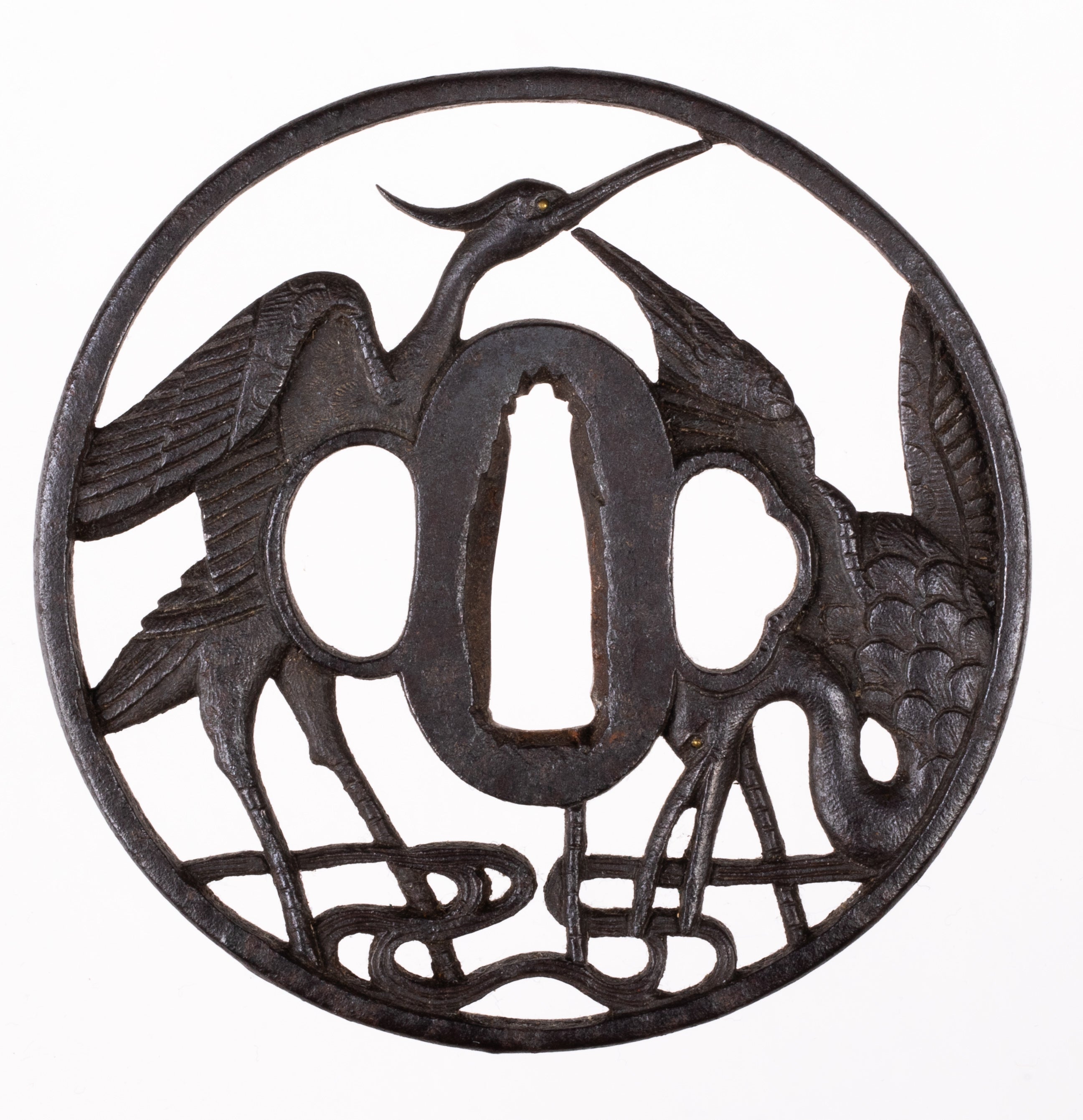 Iron Kyo Shoami school tsuba with NBTHK Hozon Tosogu. Herons and stream