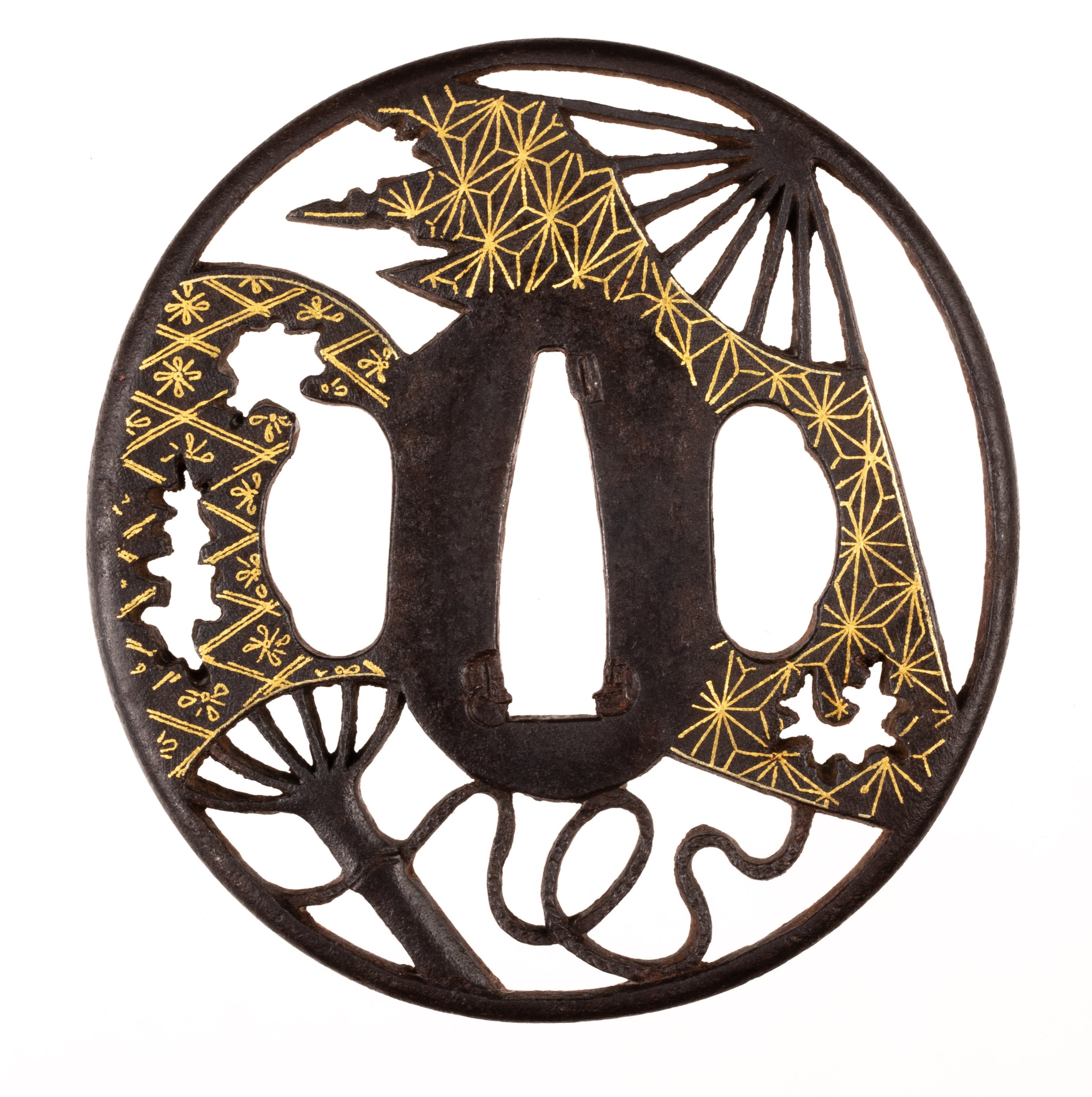 Iron sukashi tsuba with broken fans