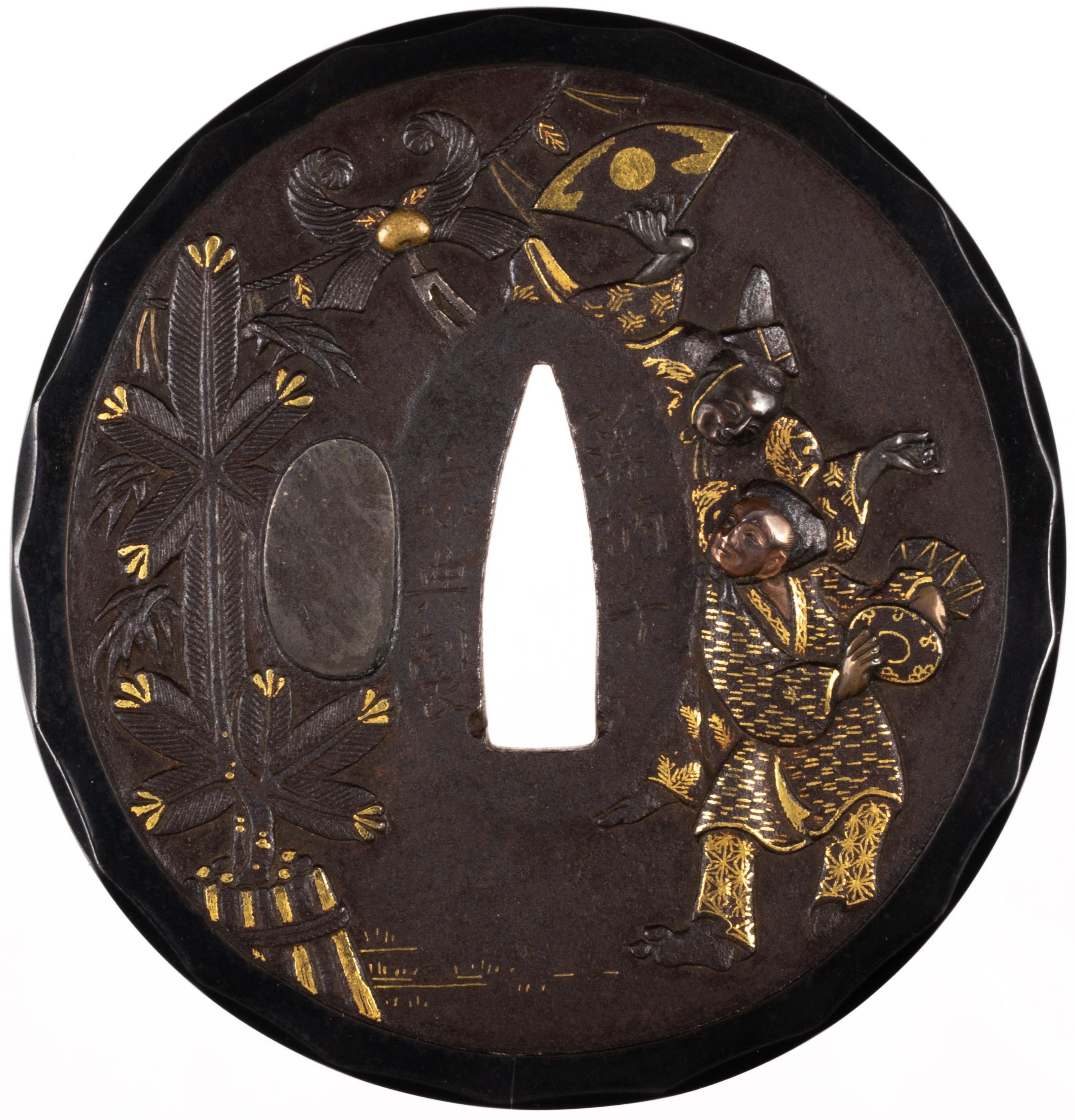 Tsuba - by Hikone Soten - Iron tsuba signed Goshu Hikone Ju Mogarashi Soten Sei