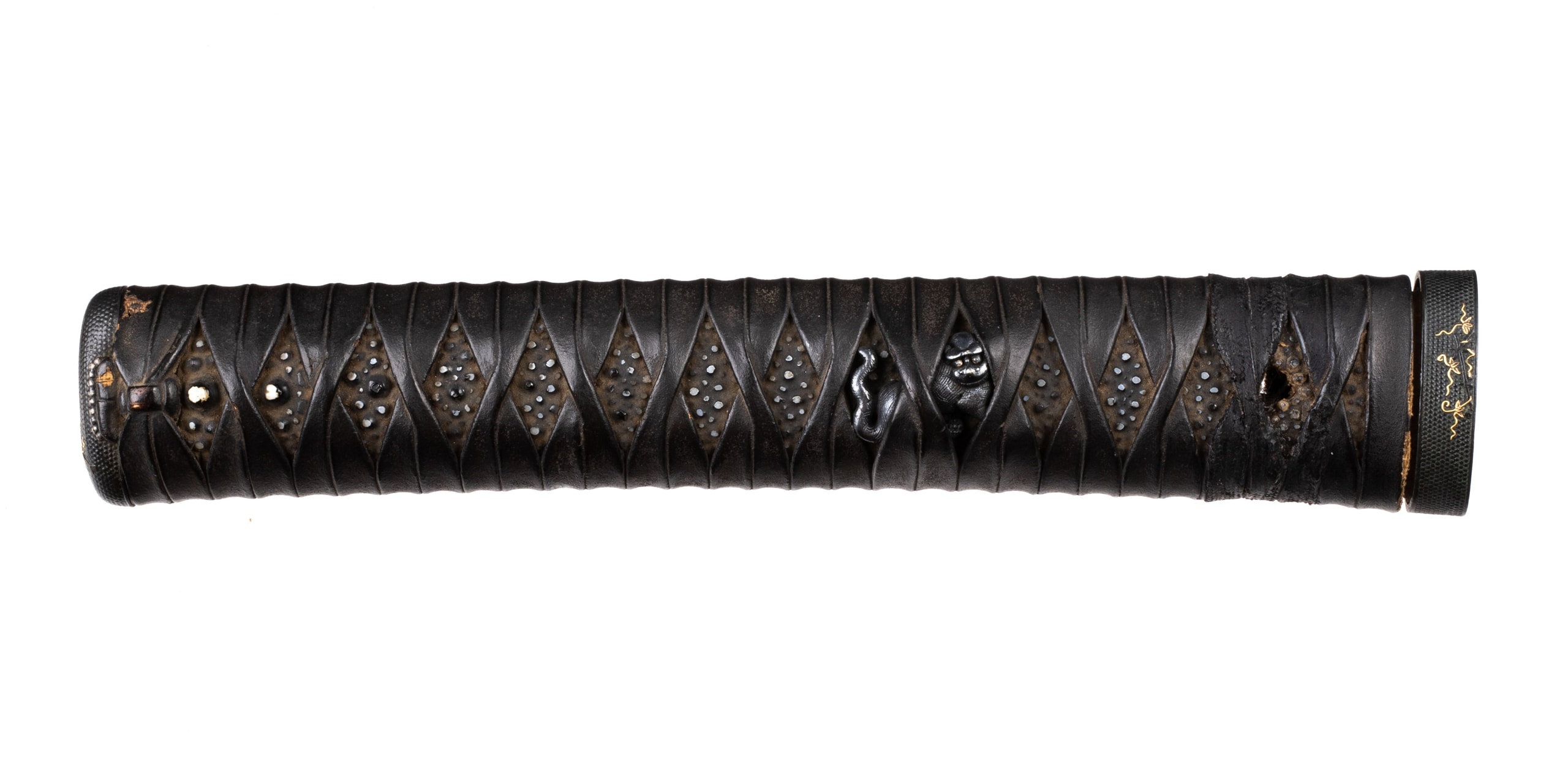 Katana tsuka with silver tiger menuki and shakudo fuchikashira