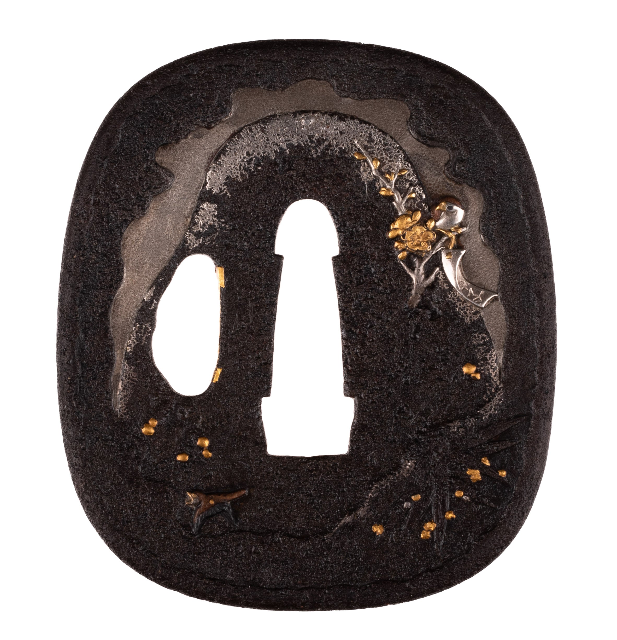 Tsuba - Hozon - by Toryusai Toshikage - 田中派 鉄地 歳寒三友図 寿景(保存刀装具鑑定書付)