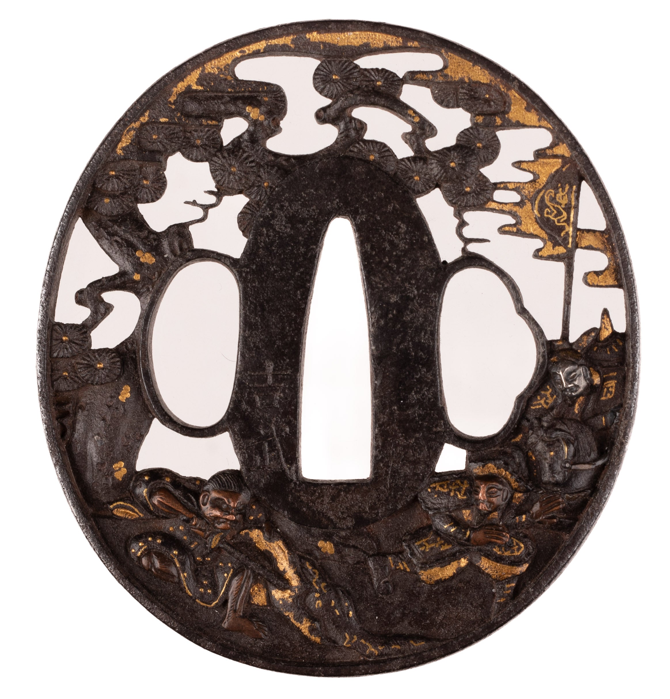 Tsuba - by Yoshitake - Iron Tsuba signed "Yoshitake" decorated with Yu Rang revenge