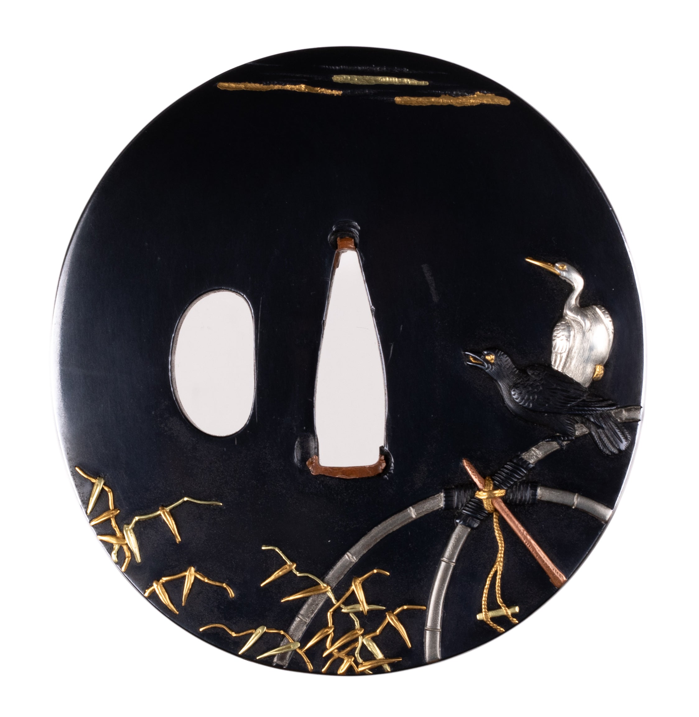 Polished Shakudo Tsuba Signed "Iwamoto Munenaga" with NBTHK Tokubetsu Hozon Tosogu. Crows and Heron