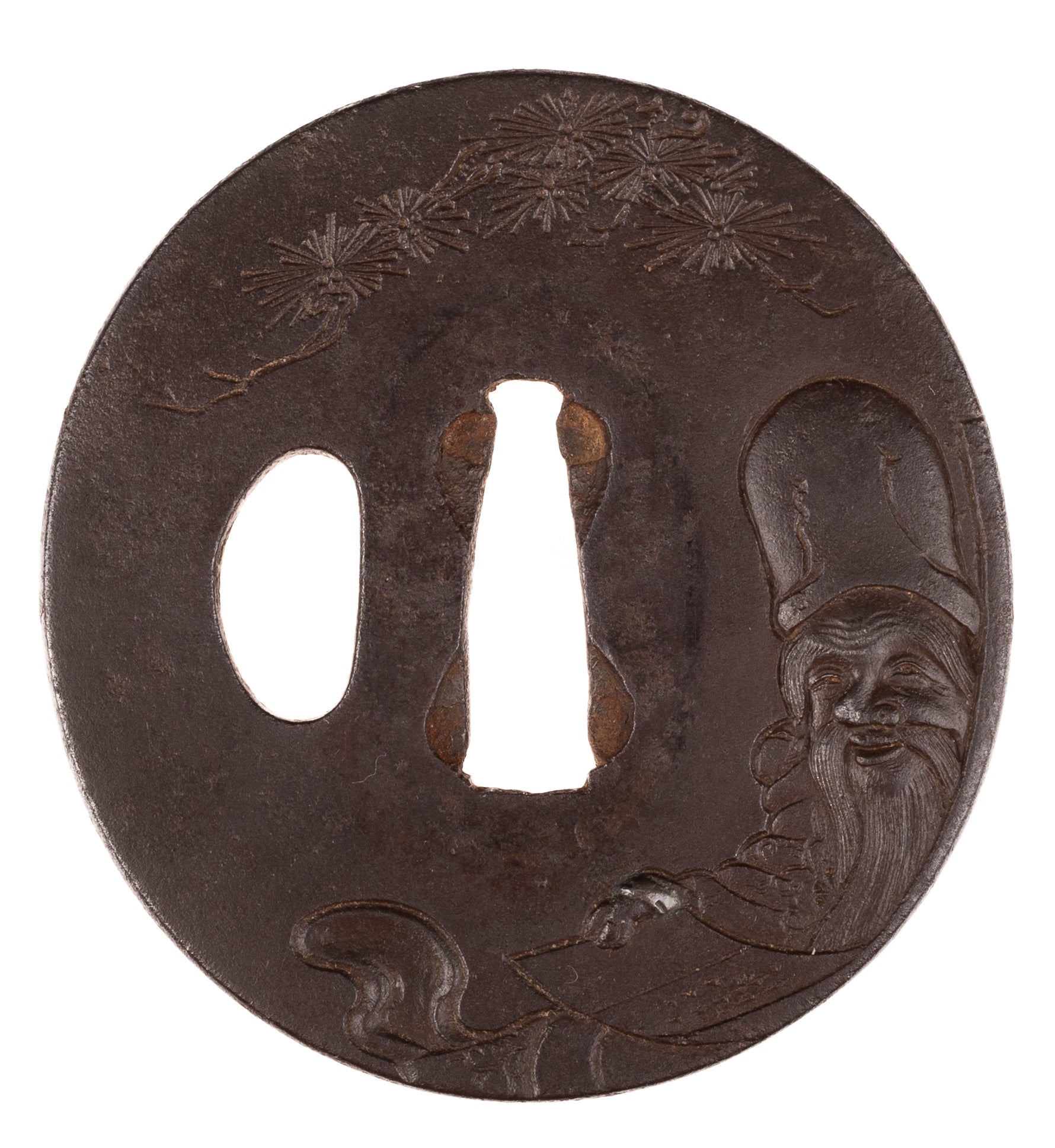 Tsuba - by Yokoya Yasukiyo - 浜野安清作 寿老人図鉄元鍔