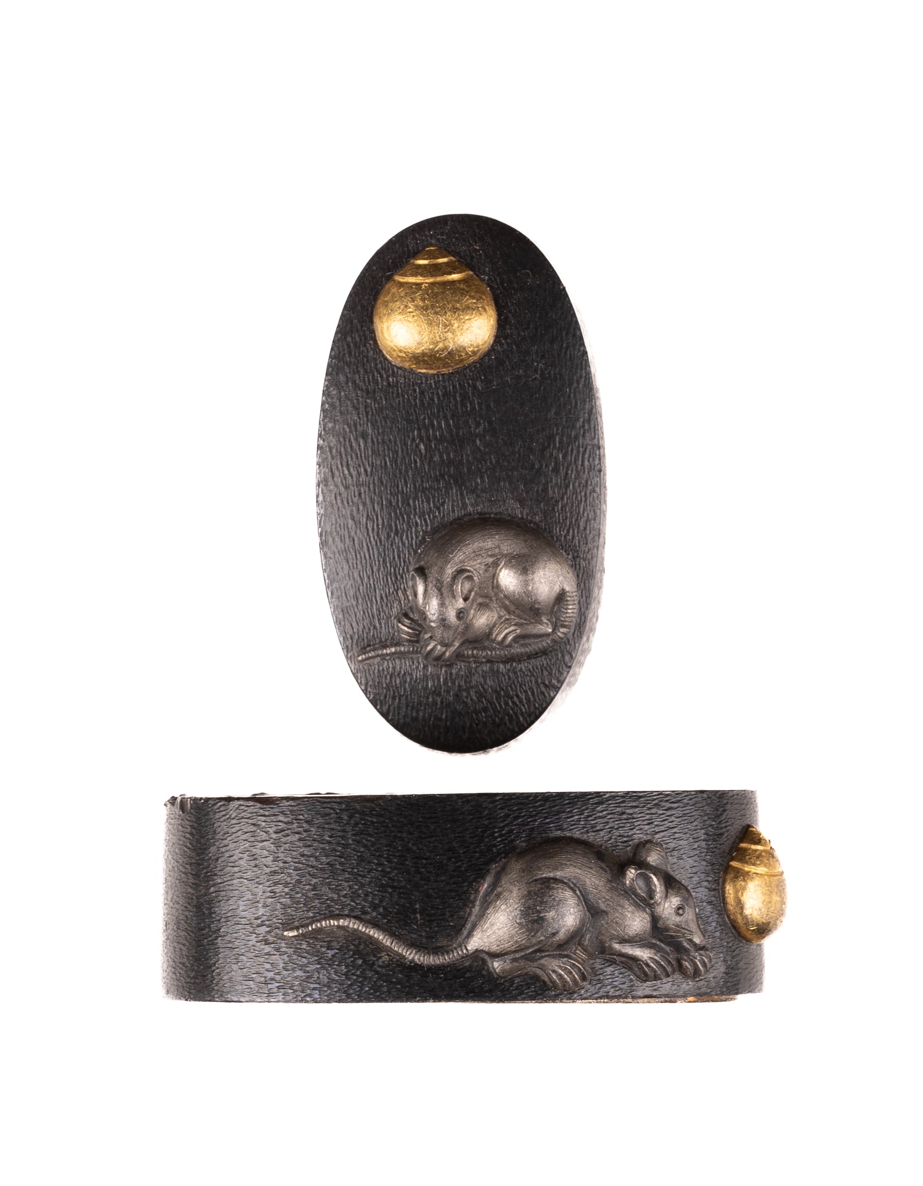 Fuchi-Kashira - Shakudo Fuchi-Kashira decorated with Mouse/Rat and Hoju, a Sacred Jewel