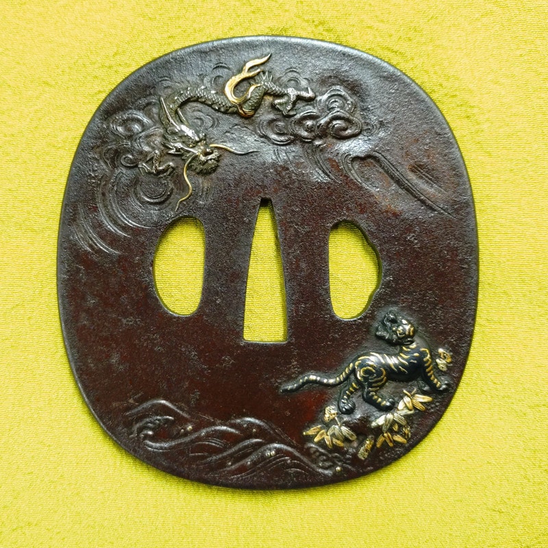 Tsuba - Dragon and Tiger Design High Relief Inlay Iron Tsuba