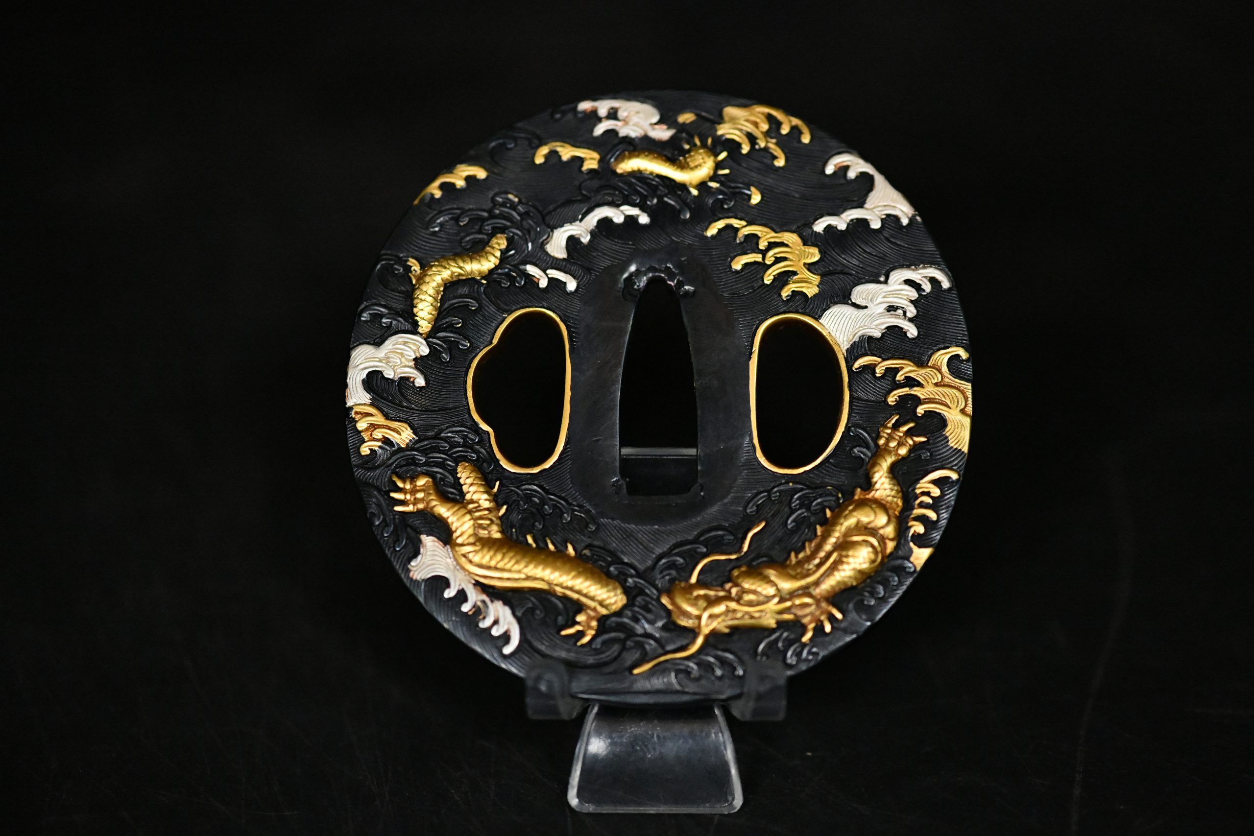 Shakudo Marugata Tsuba Dragons and waves