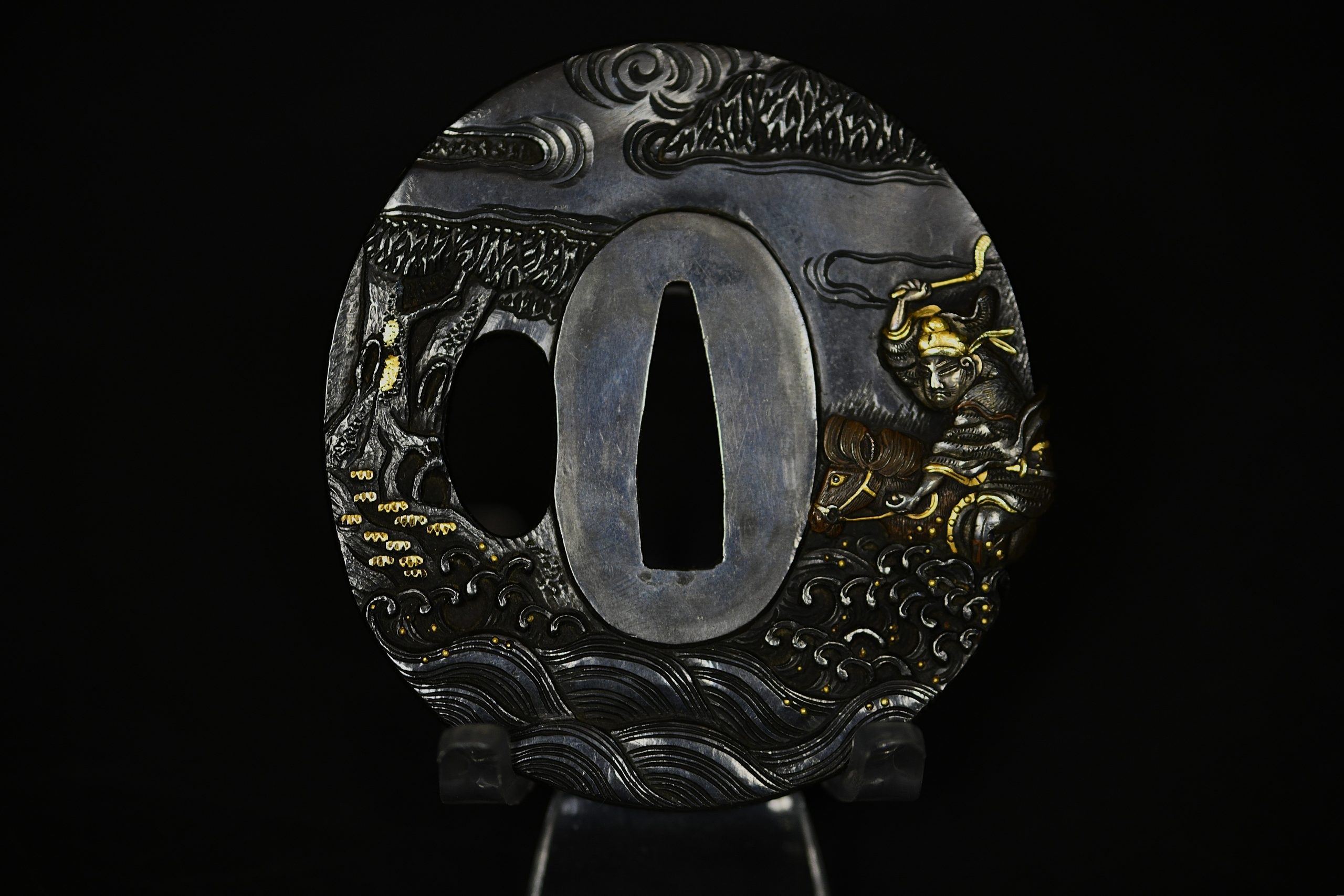 Tsuba - by Yanagawa Naoyoshi - Marugata Shakudo Tsuba Samurai