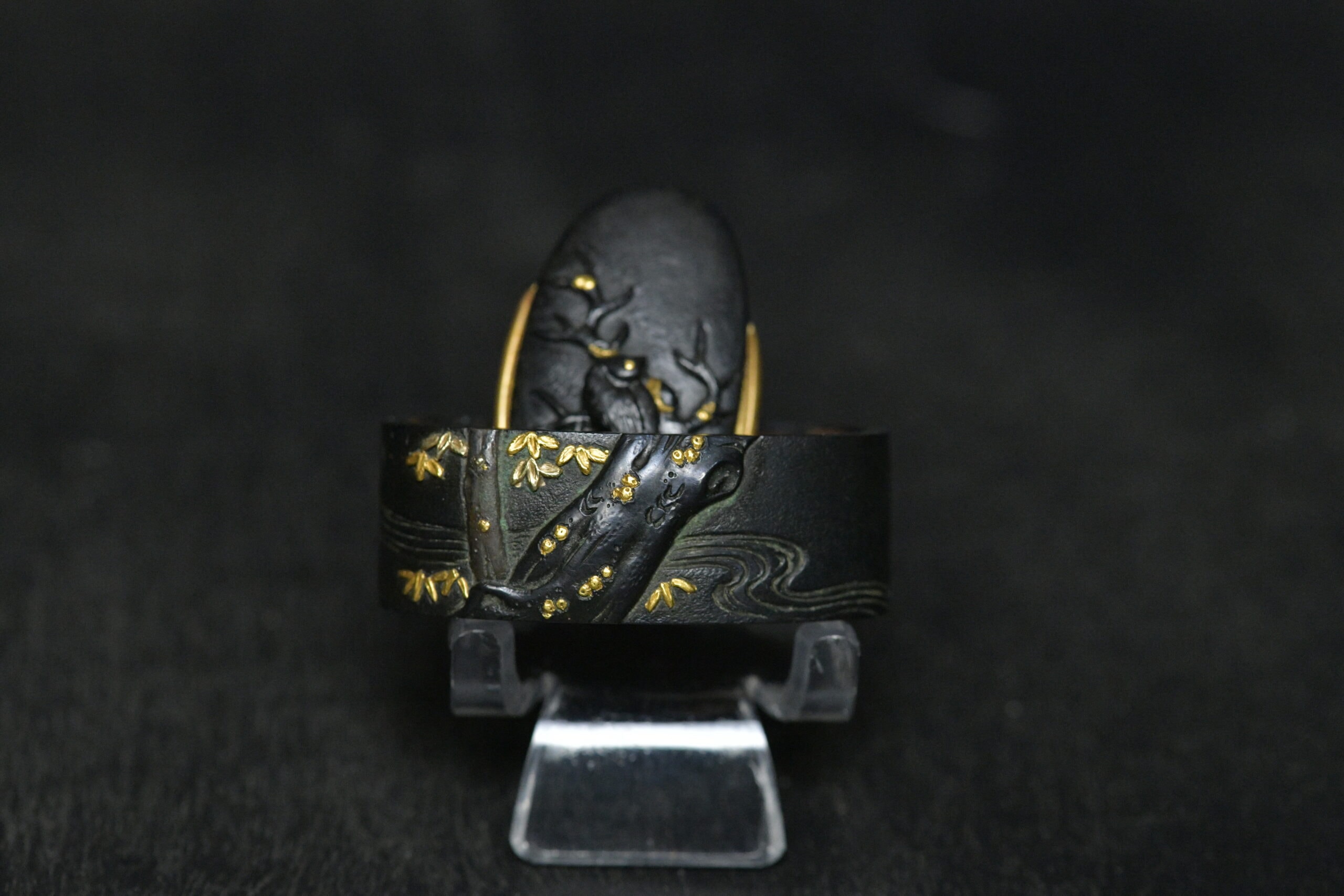 Fuchi-Kashira - by Nara Shigemitsu - Fuchi Kashira shakudo birds and tree