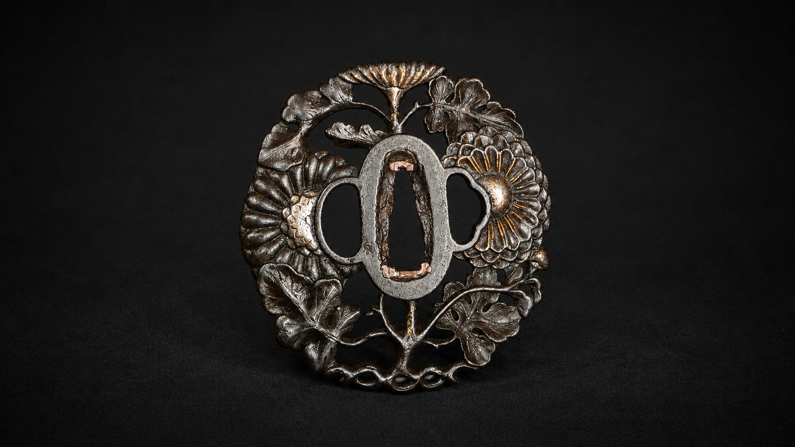 Tsuba - by Does Not - Iron Sukashi Tsuba: Chrysanthemums & Kashiwa Leaves