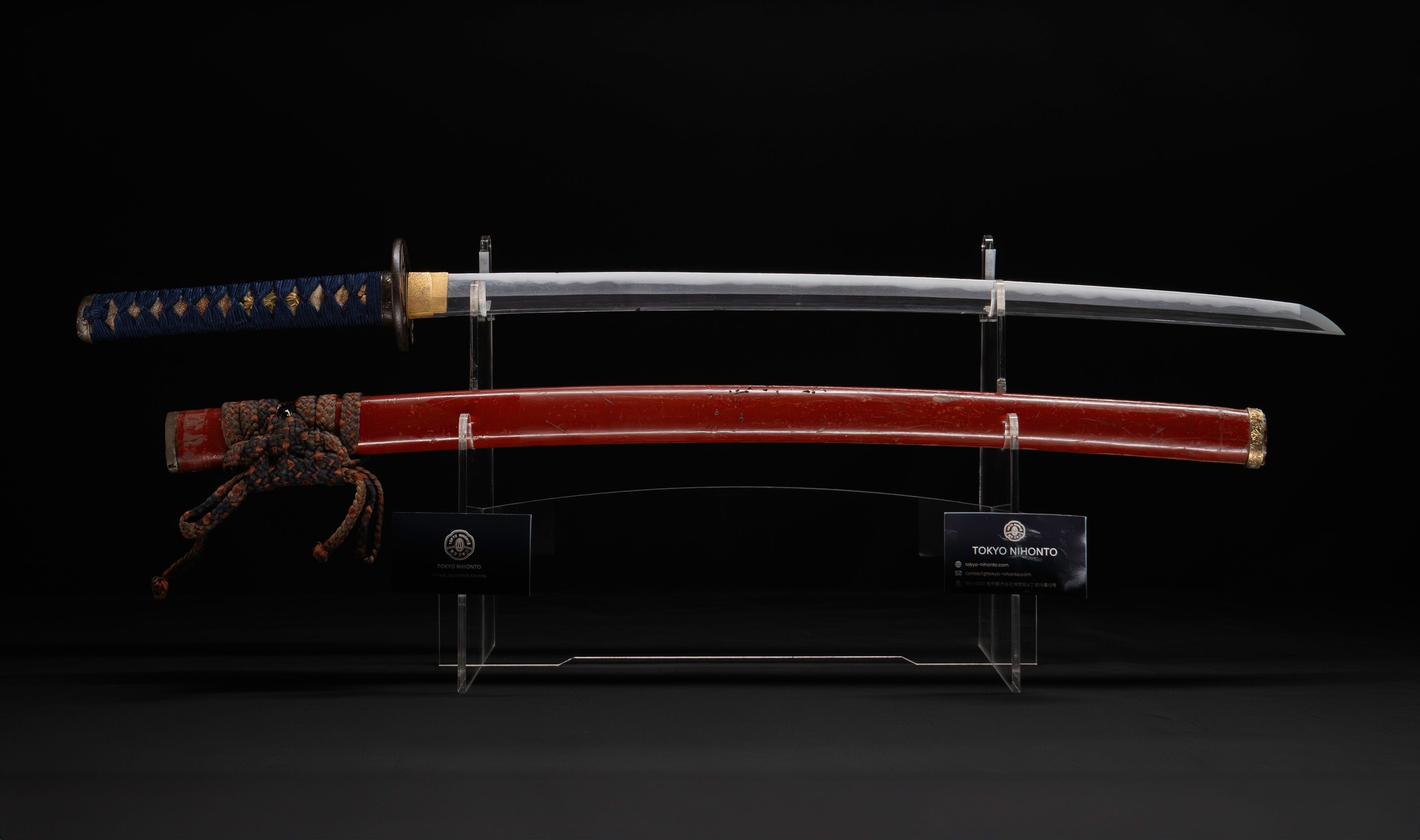 Antique Japanese Katana Sword with Vermilion Lacquer Saya, Sparrow Fuchi-Kashira and Gilt Menuki