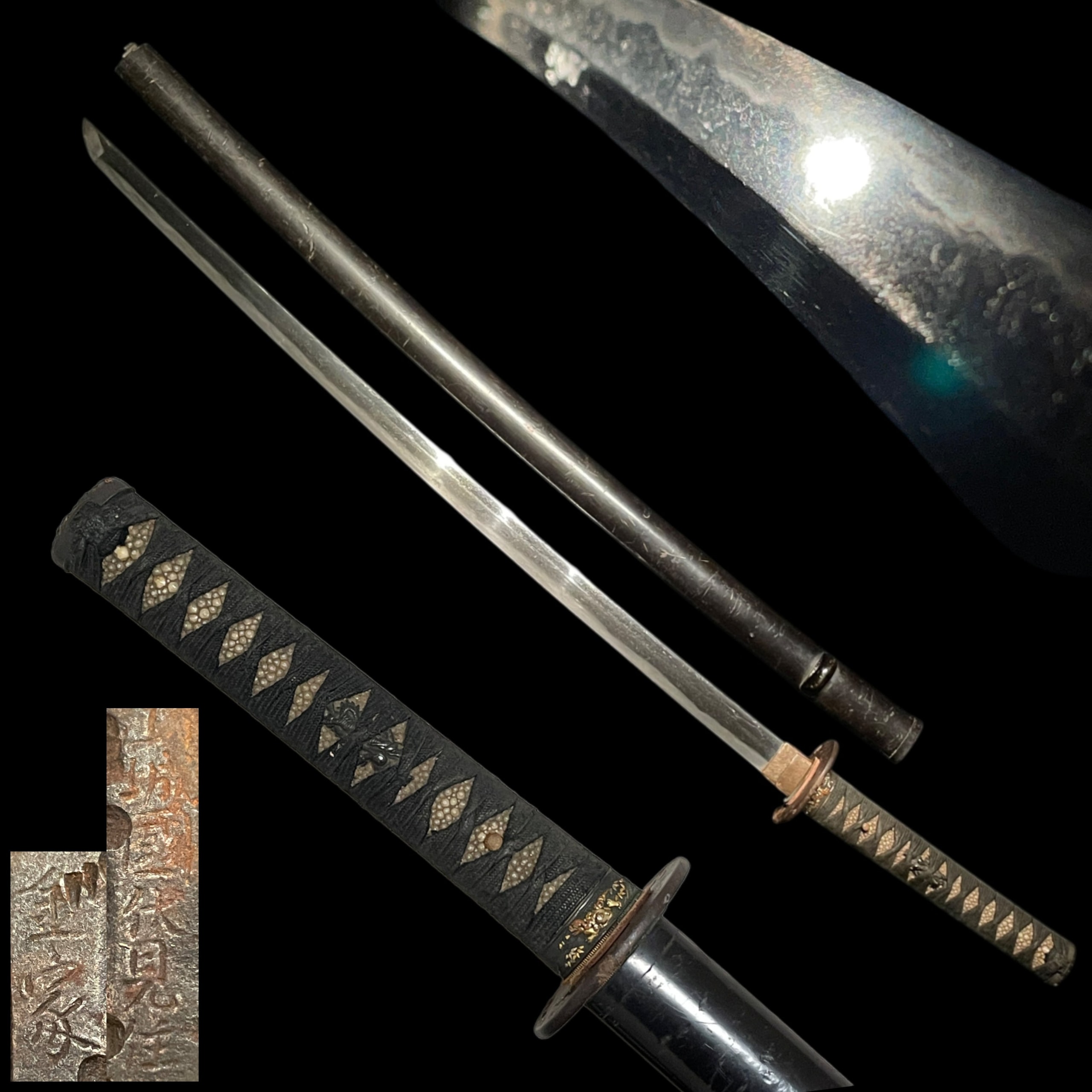 by Kaneie School - Signed Tsuba by Kanie of Yamashiro Fushimi. Shakudo Dragon Menuki, Lion Fuchikashira. Mumei Blade with Bonji Engraving.