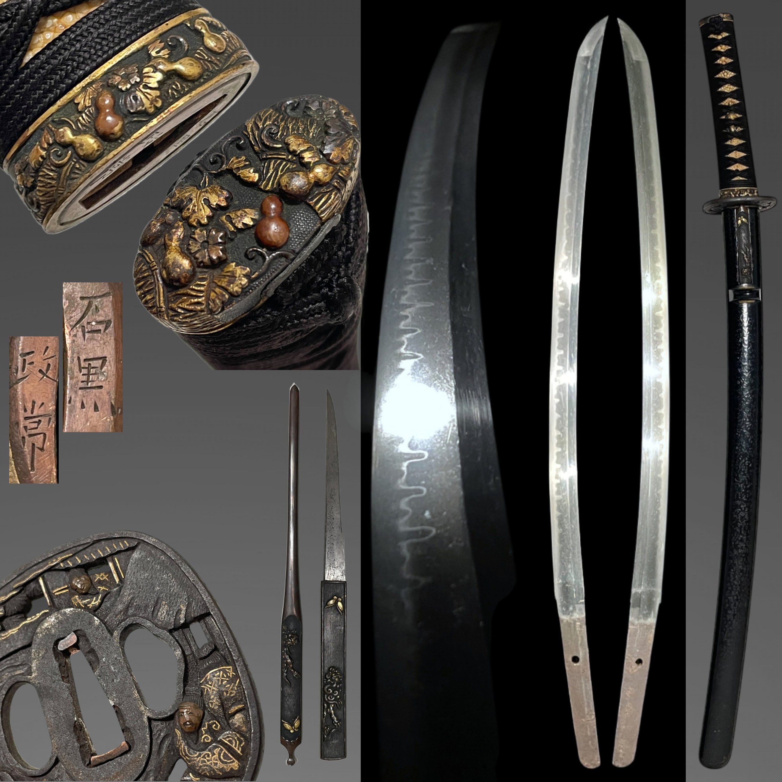 High Grade Fittings Wakizashi Ishiguro Masatsune Signed Fuchi with Kozuka Kogai