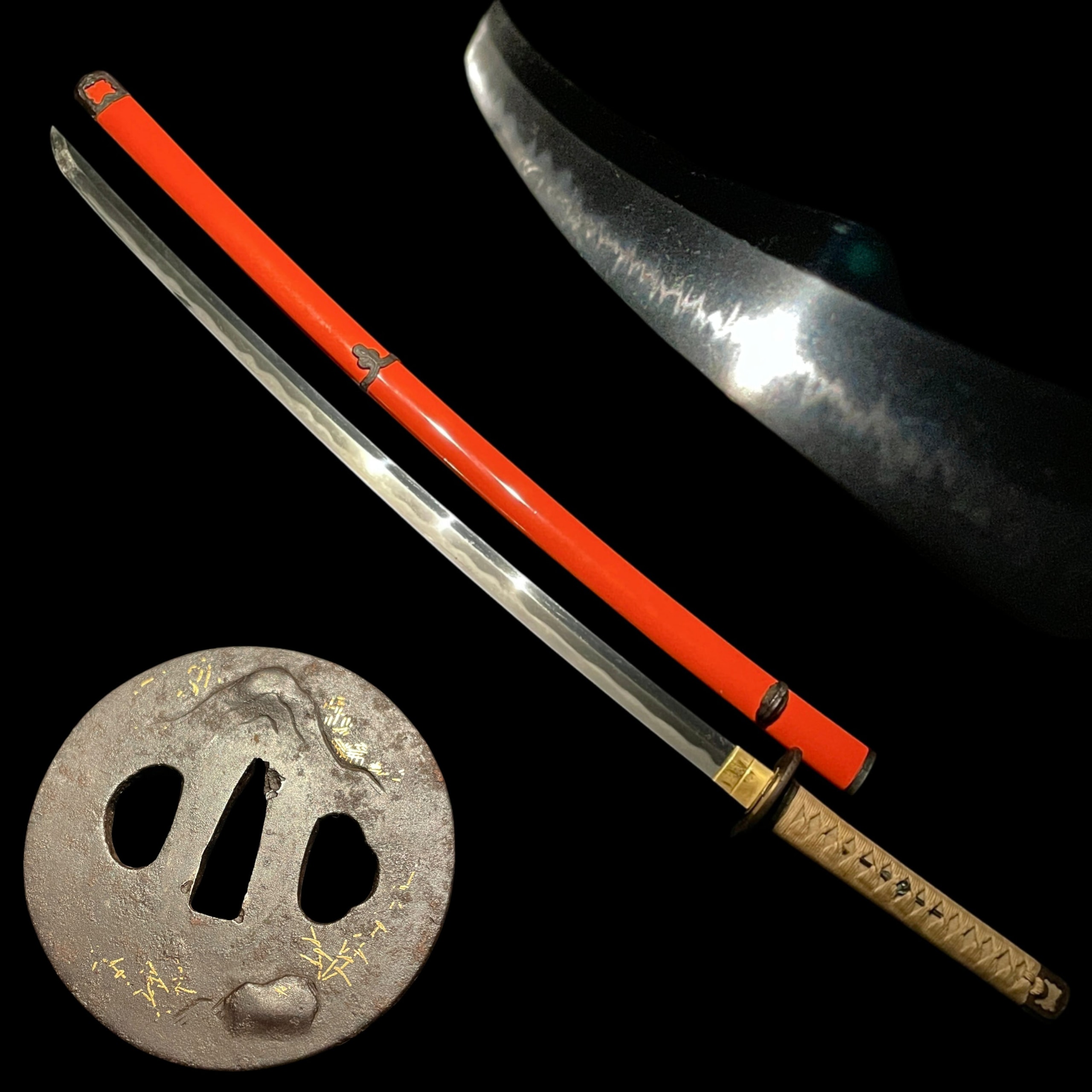 Red Handachi Koshirae Katana Mt. Fuji Tsuba Edo Period Mumei