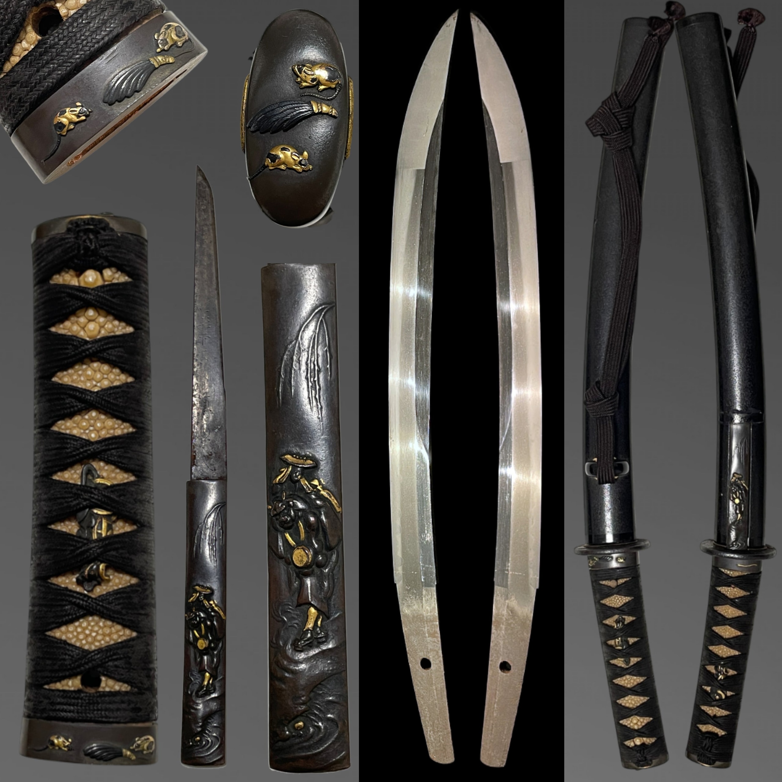 Ookissaki Wakizashi, Mouse Fuchikashira, Yanagioni Kozuka, Edo Period, Mumei