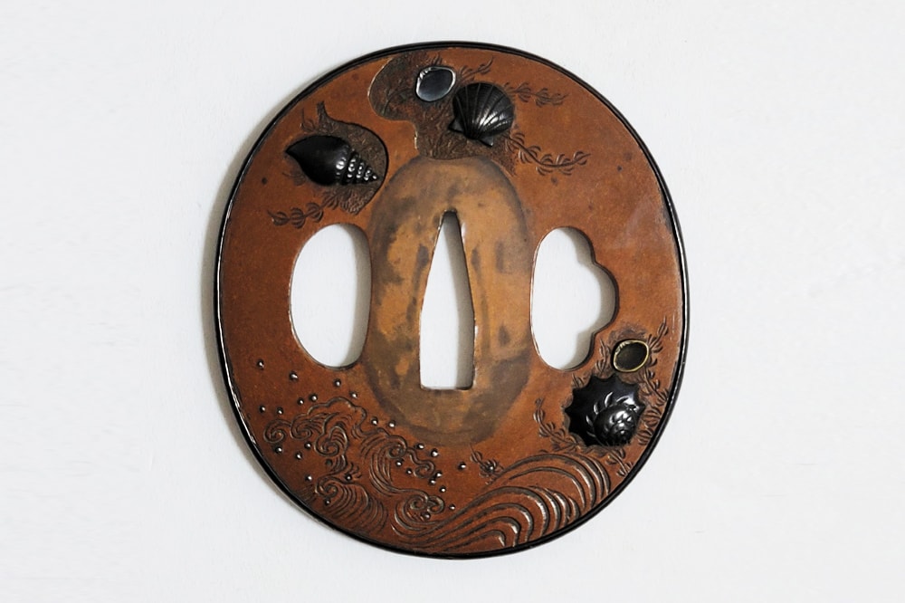 Tsuba - by Shonai School - Seaweed, Waves, and Shells Design