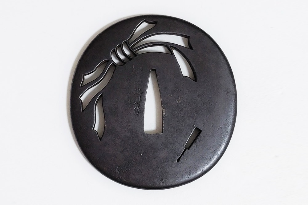 Tsuba - by Akasaka Tadanori - Auspicious Bundle Noshi and Folding Fan Design