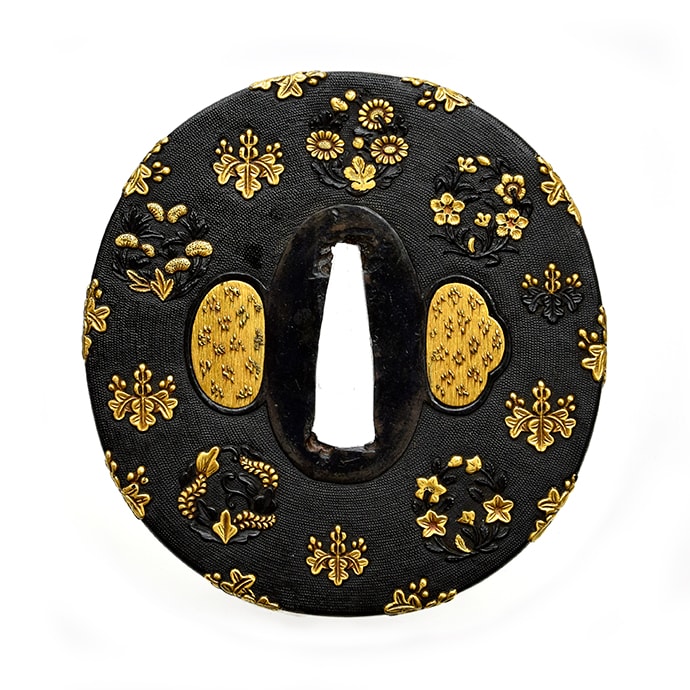 Tsuba - Hozon - by Kaga-Goto School - Mumei (Kaga Goto) with Hanamaru Kirimon Design