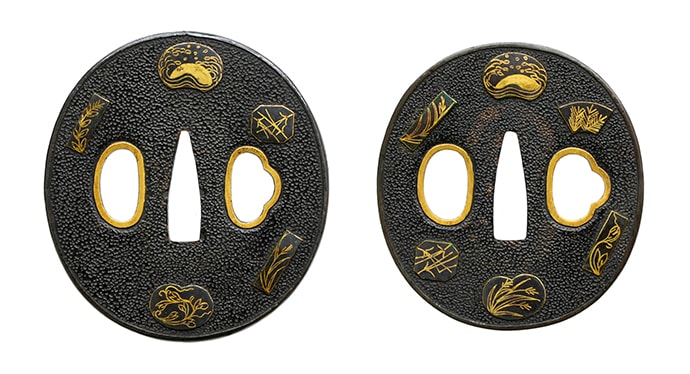 Tsuba - Hozon - by Mito School - 地紙散図大小鐔 無銘(水戸)Mumei(Mito) 12-1165