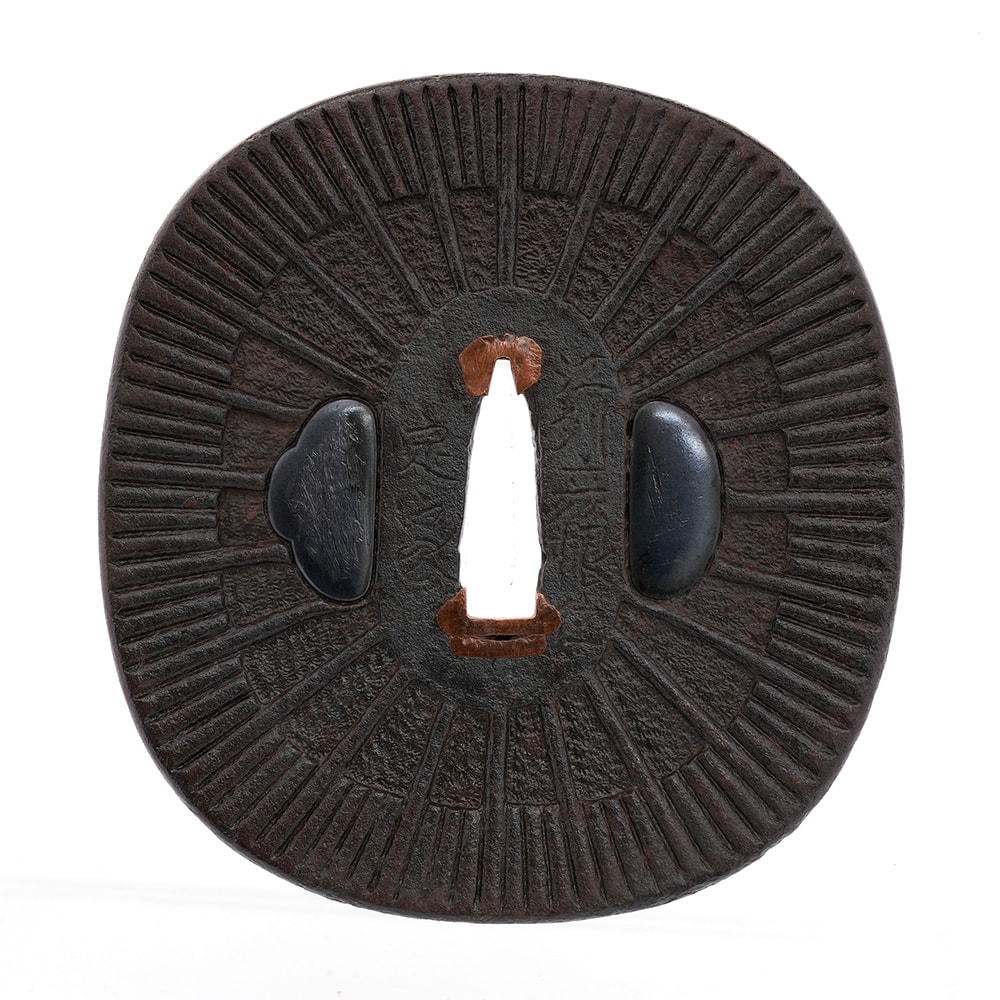 Tsuba - by Sadaiye - 矢車文鐔 若芝江州彦根住定家Jakushi Goshu Hikone 12-1355
