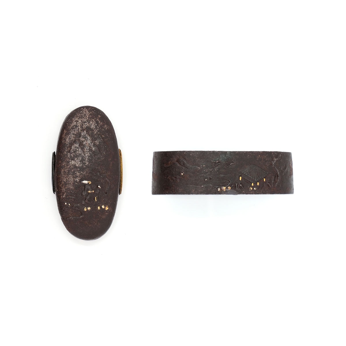 Tosogu - by Kaneie School - Fuchi Kashira: Rural House Scene, Kaneie, Fushimi, Yamashiro Province