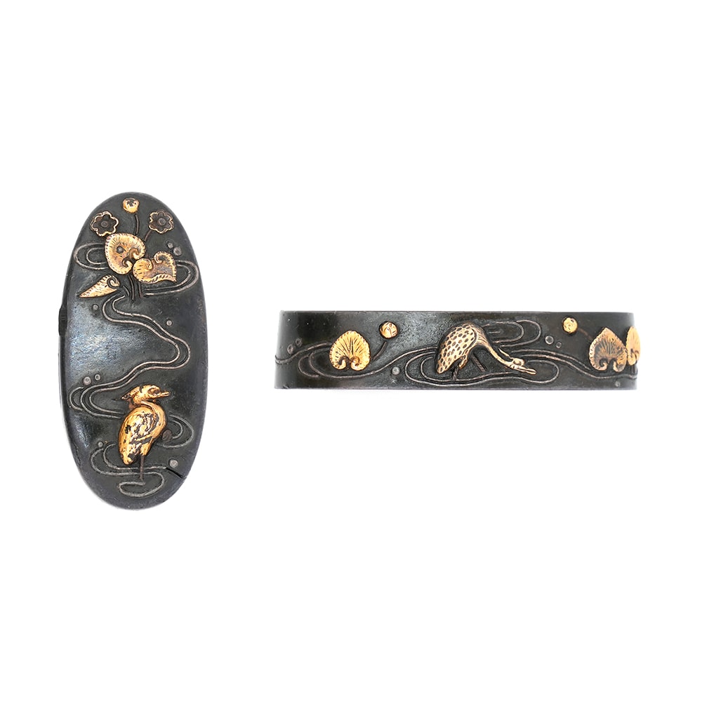Fuchi-Kashira - Fuchi Kashira: Flowing Water, Hollyhock, and Heron Design, Mumei