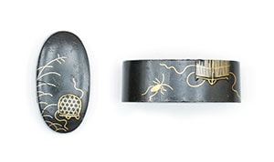 Fuchi-Kashira - by Echizen Daijo - Fuchi-Kashira with Cricket in Insect Cage Design by Echizen Daijo