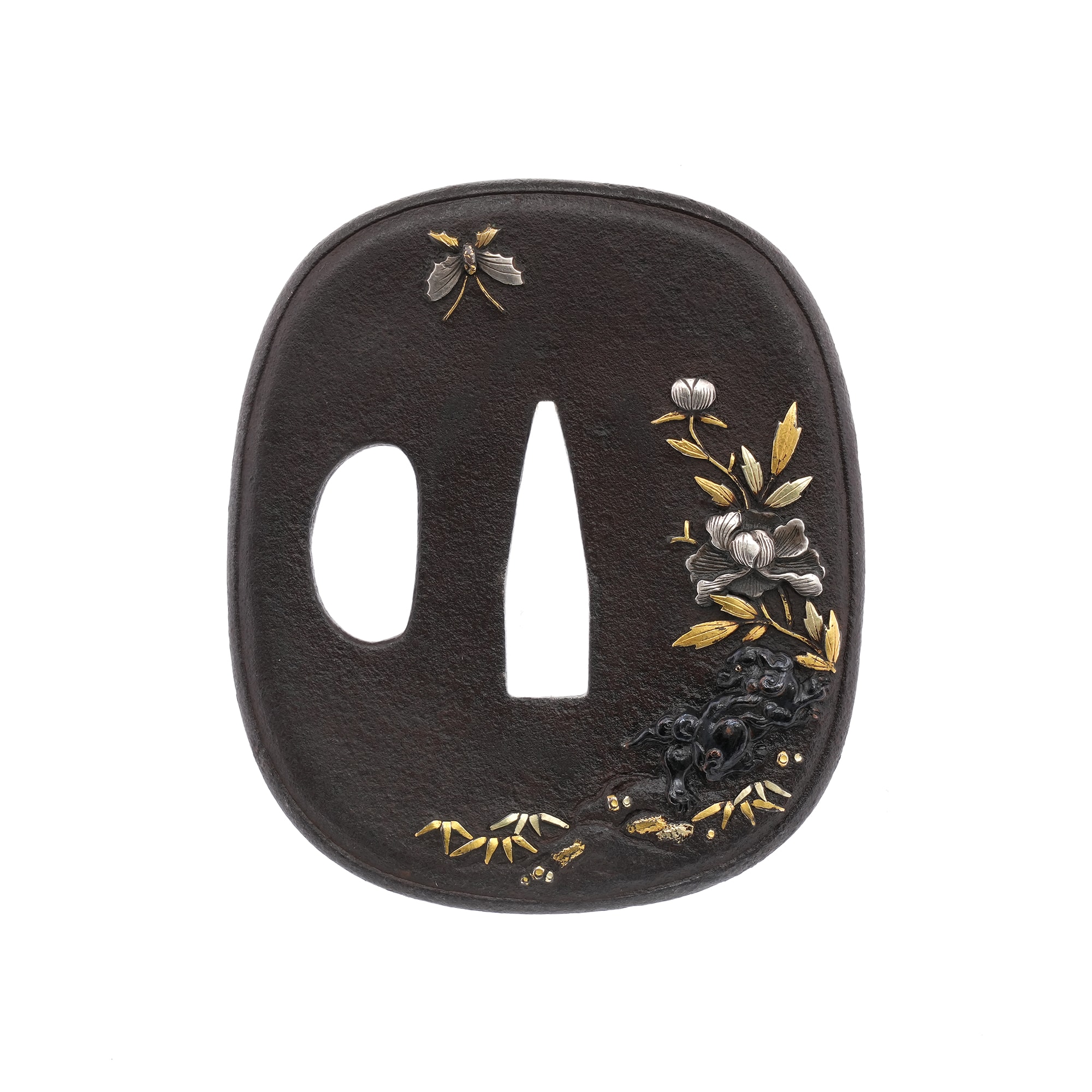 Tsuba - Hozon - Tsuba with Butterfly, Peony, and Karashishi Design, Mumei (Aizu Shoami)