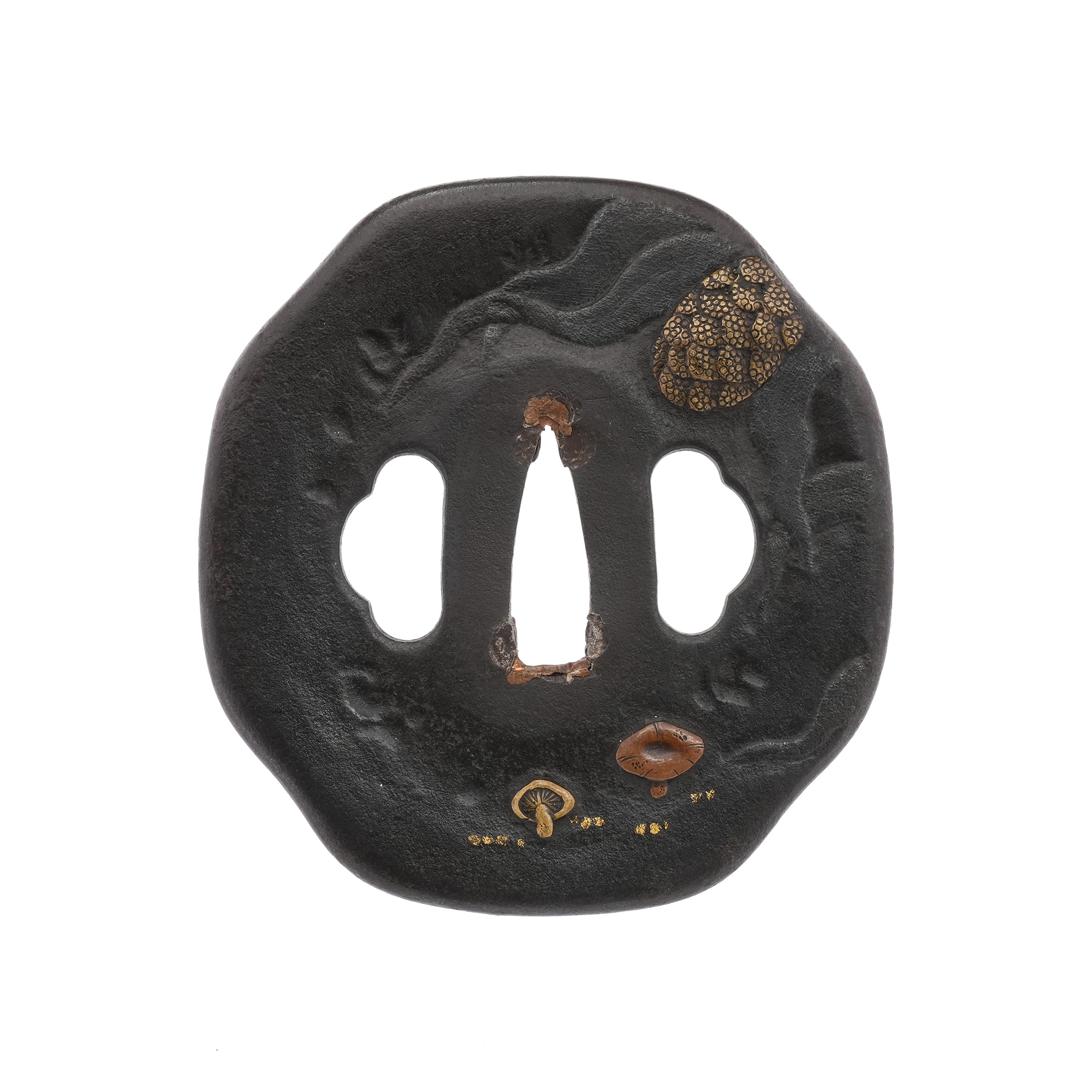 Tsuba - Hozon - Design of Foxtail Millet and Mushrooms under the Moon, Mumei (Aizu Shoami)