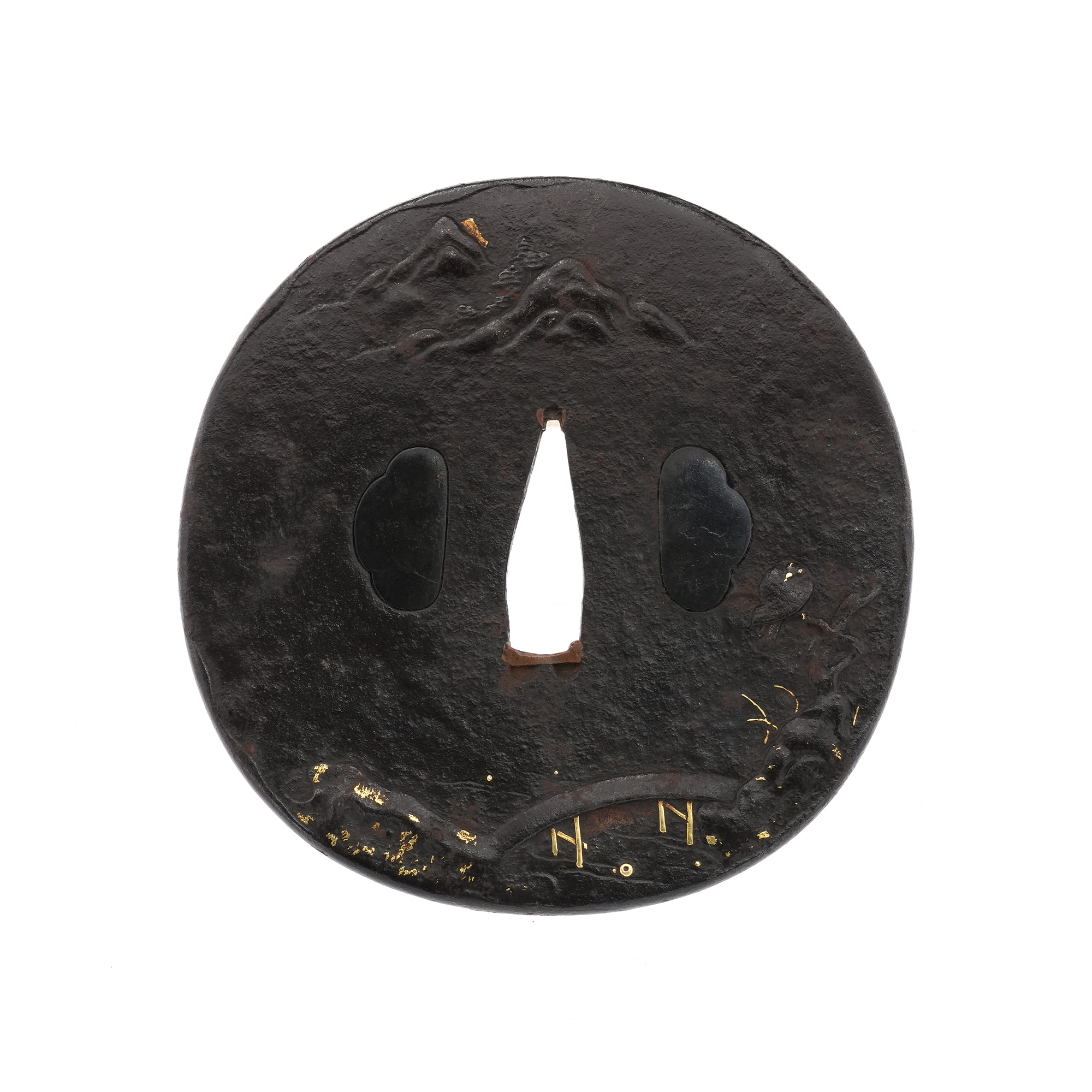 Tsuba - Hozon - by Aizu School - Tsuba with Landscape Design, Mumei (Aizu Shoami) - 12-1698