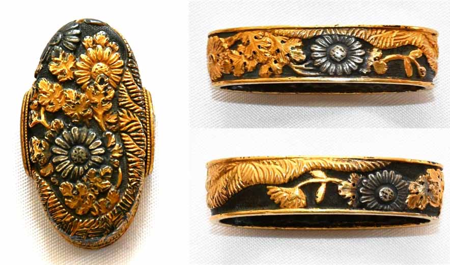 Fuchi-Kashira - Hozon - by Kyo-kinkou - Fuchigashira: Chrysanthemum Hedge, Mumei, Kyo-Kinko, NBTHK Hozon Tosogu Certificate