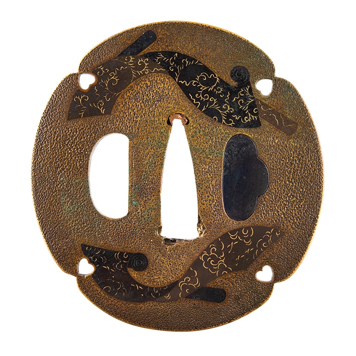 Tsuba - Umetada Style Sentoku Tsuba with Textile Rolls – Middle Edo Period