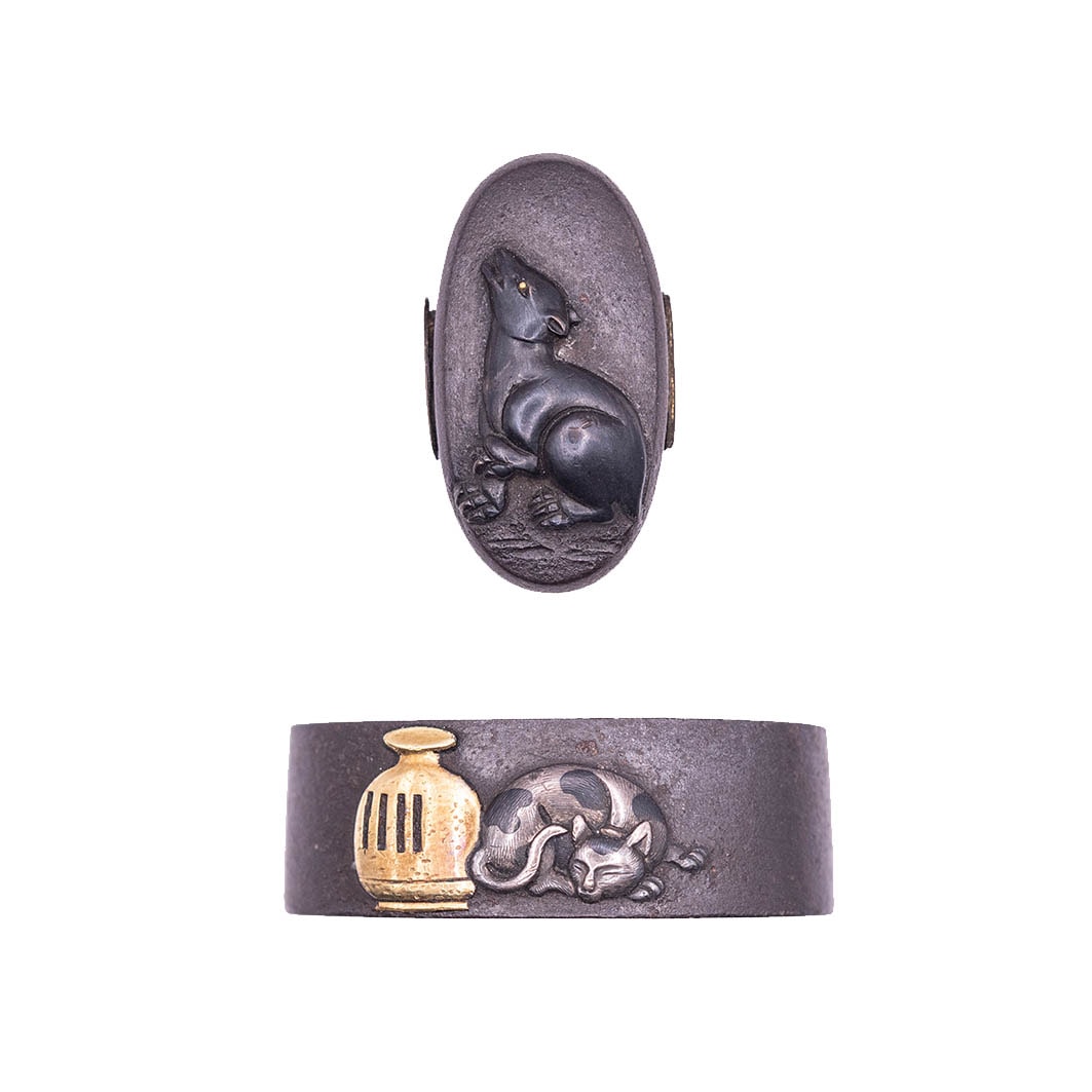 Fuchi-Kashira - by Nara School - Fuchi Kashira with Cat and Dog design