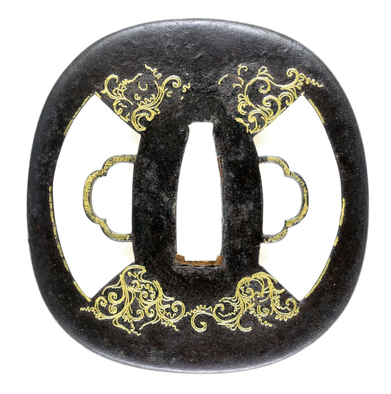 No.B00232 鐔 西垣 左右扇面透唐草文図