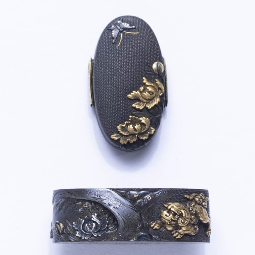 Fuchi-Kashira - Hozon - 作 貞中 - 縁頭 蟠龍軒貞中(花押) 獅子牡丹胡蝶図
