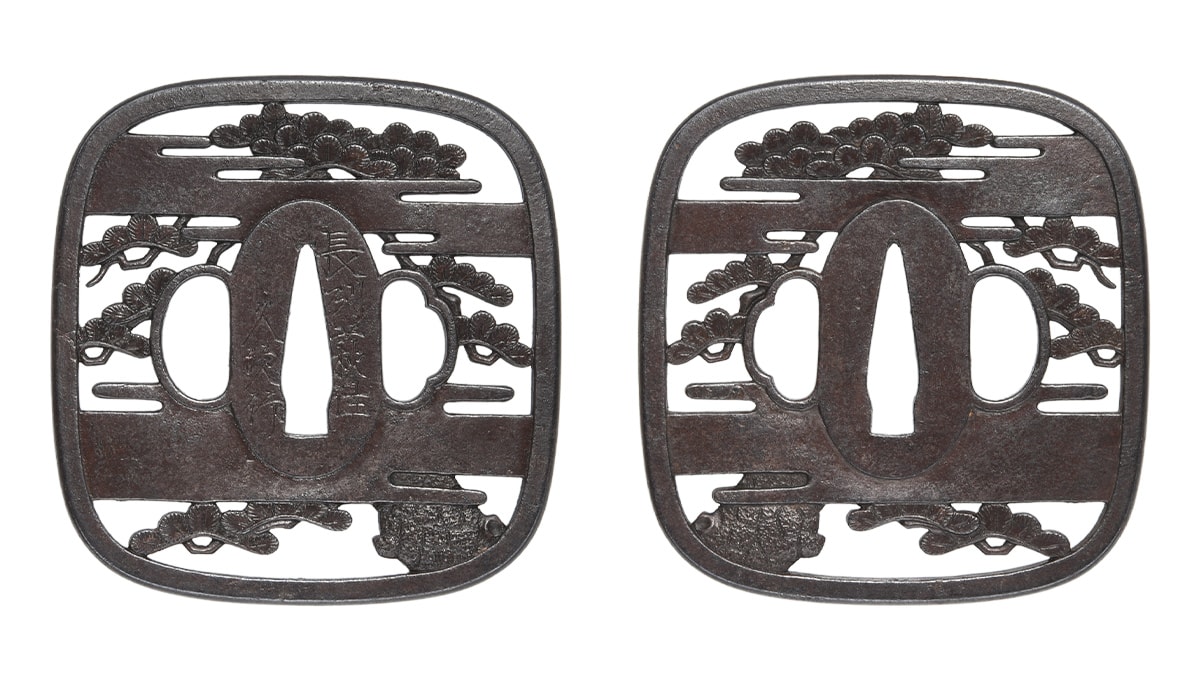 Tsuba - Tokuho - by Choshu School - Choshu-Hagi-ju Hisatsugu, Kasumi-Matsunoki-Sukashi-Tsuba, NBTHK Tokubetsu Hozon Tosogu