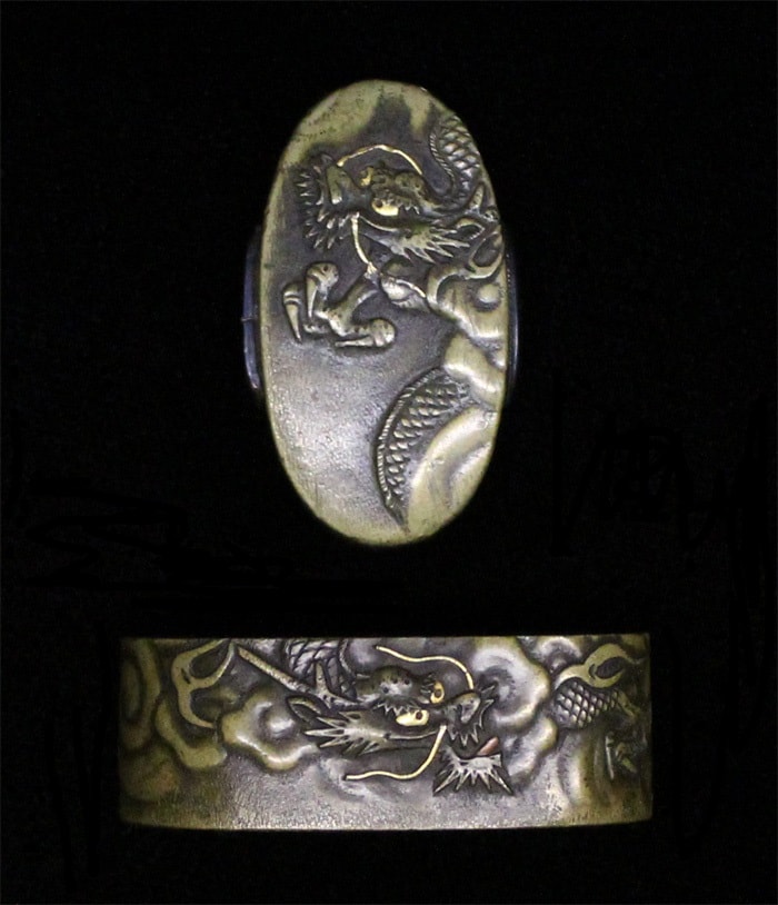 Fuchi-Kashira - Hozon - by Kikuoka Mitsumasa - Fuchi-Kashira: Unryu Zu, Signed Rinsendo