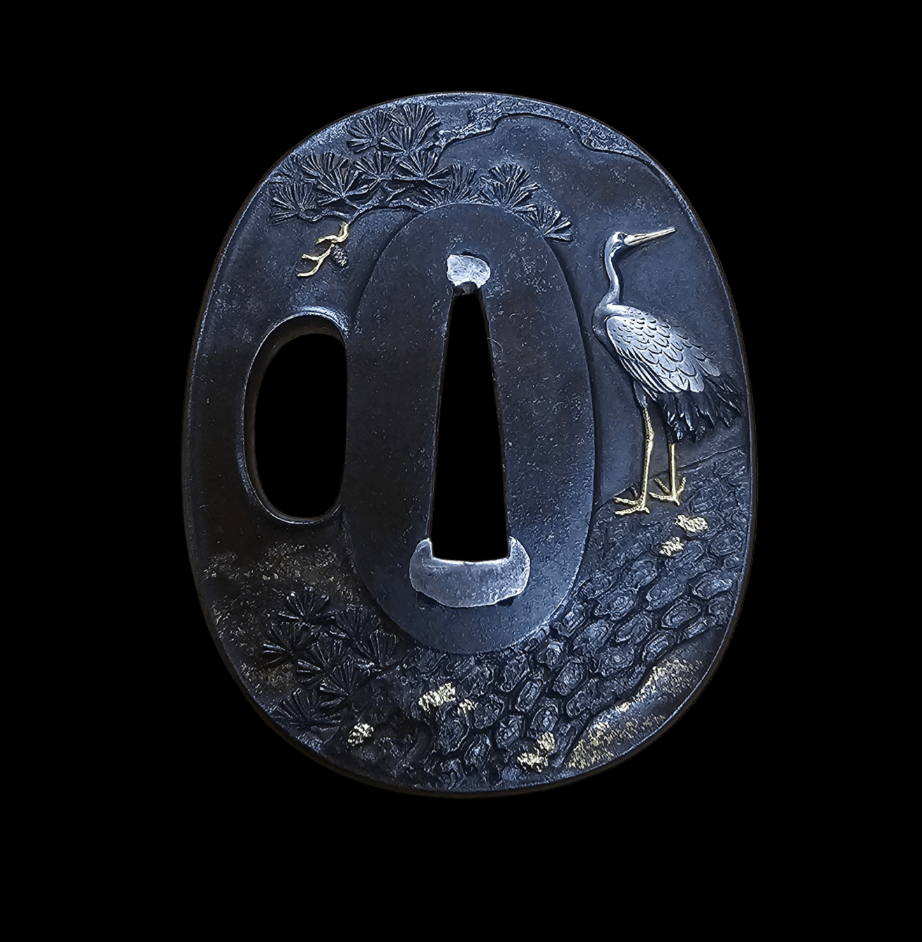 Tsuba - Tokuho - by Senzai Atsuoki - Pine and Crane Design by Senzai Atsuoki - Hard Round Shape, Iron Polished Ground, Sukidashi Takabori, Zogan Iroe, Uchikaeshi Mimi